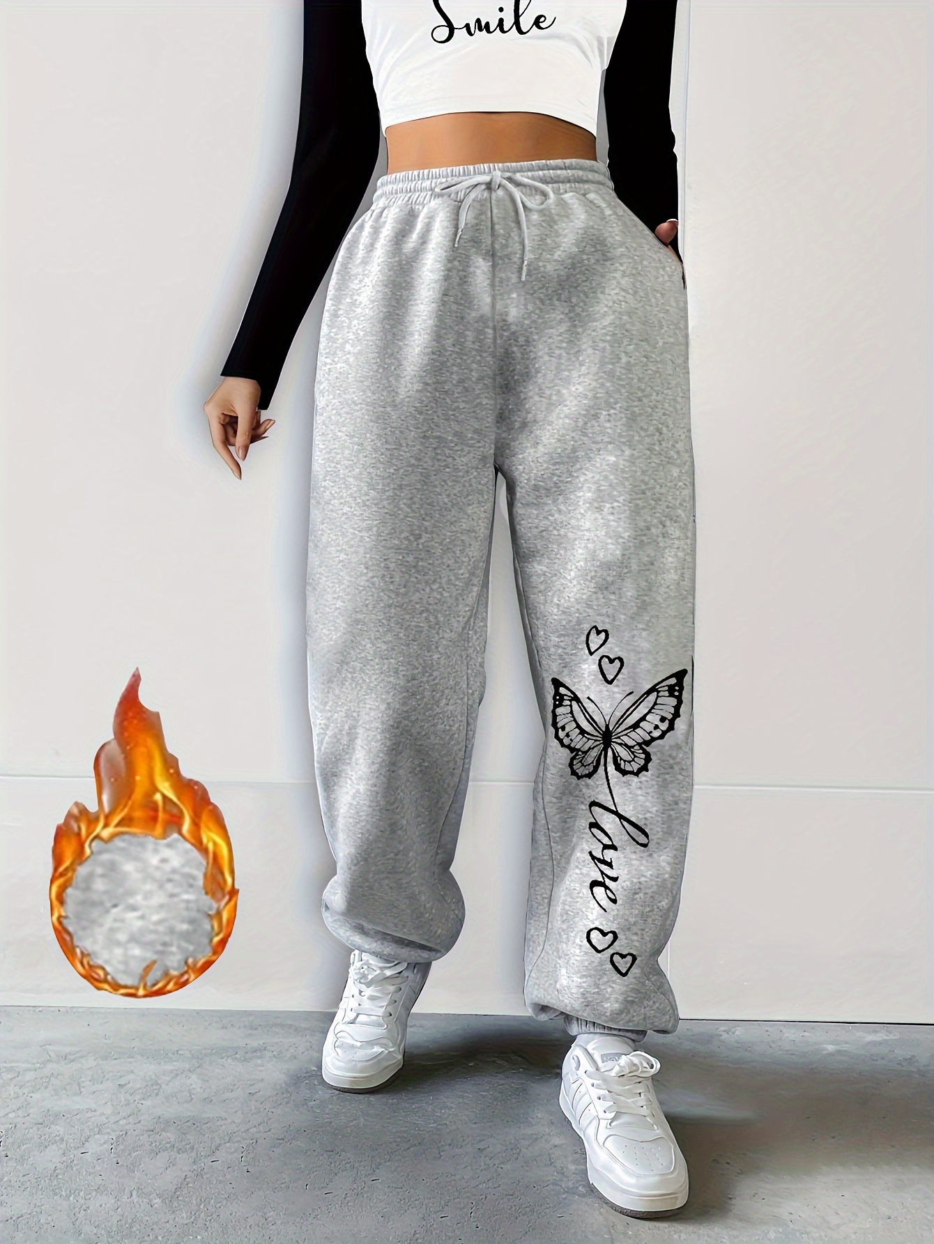 Butterfly Print Drawstring Pants, Versatile Comfy Loose Sweatpants For Fall  & Winter, Women's Clothing