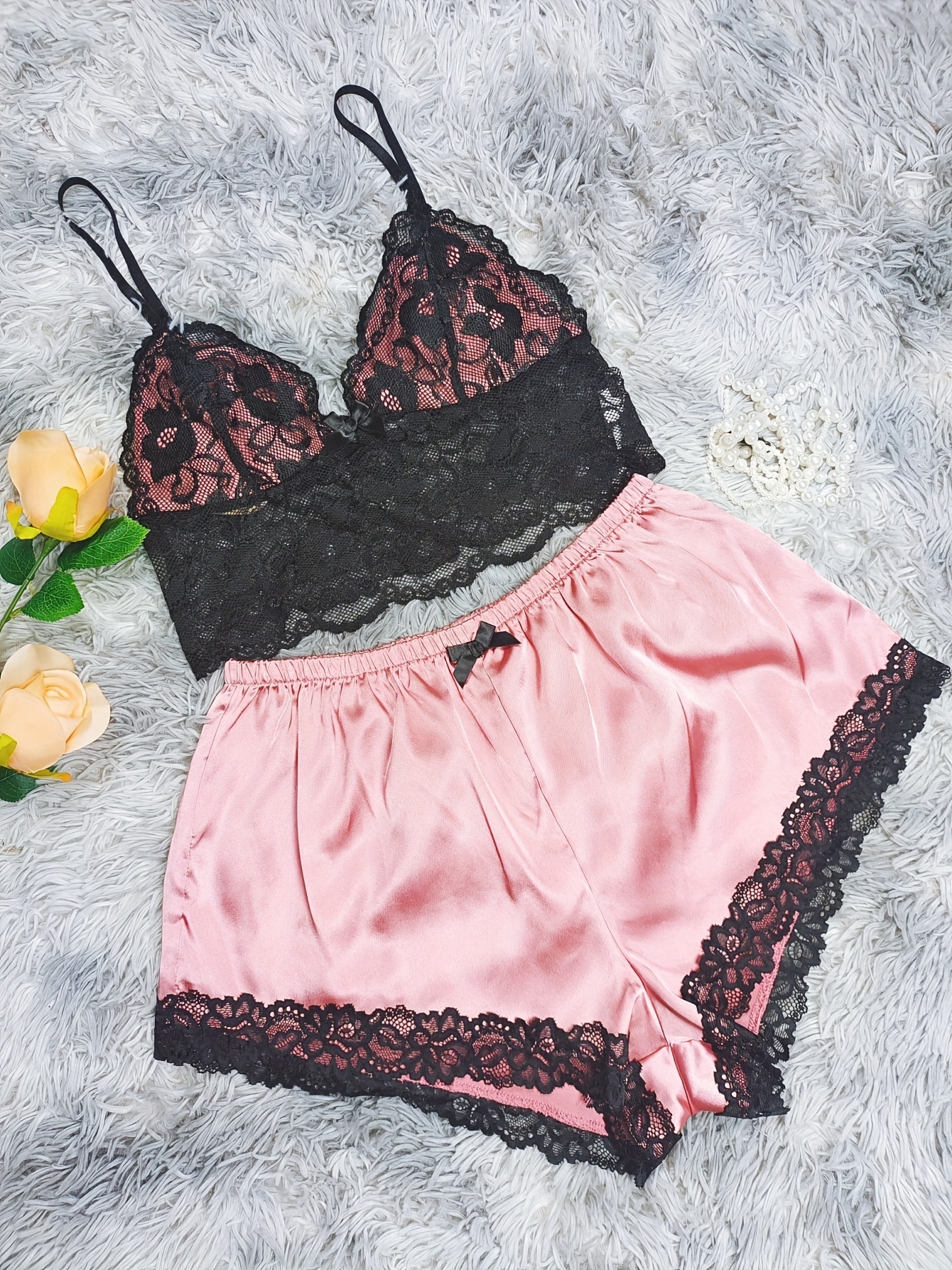 Women's Floral Lace Bra with Panty Sleepwear Lingerie Set Spaghetti Strap Bralette  Satin Shorts PJ Set Nightwear Loungewear 