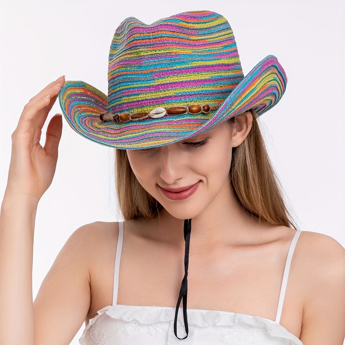 

Rainbow Striped Straw Sun Hats Classic Rolled Brim Jazz Fedoras Boho Shell Chain Cowboy Hats For Women Girls
