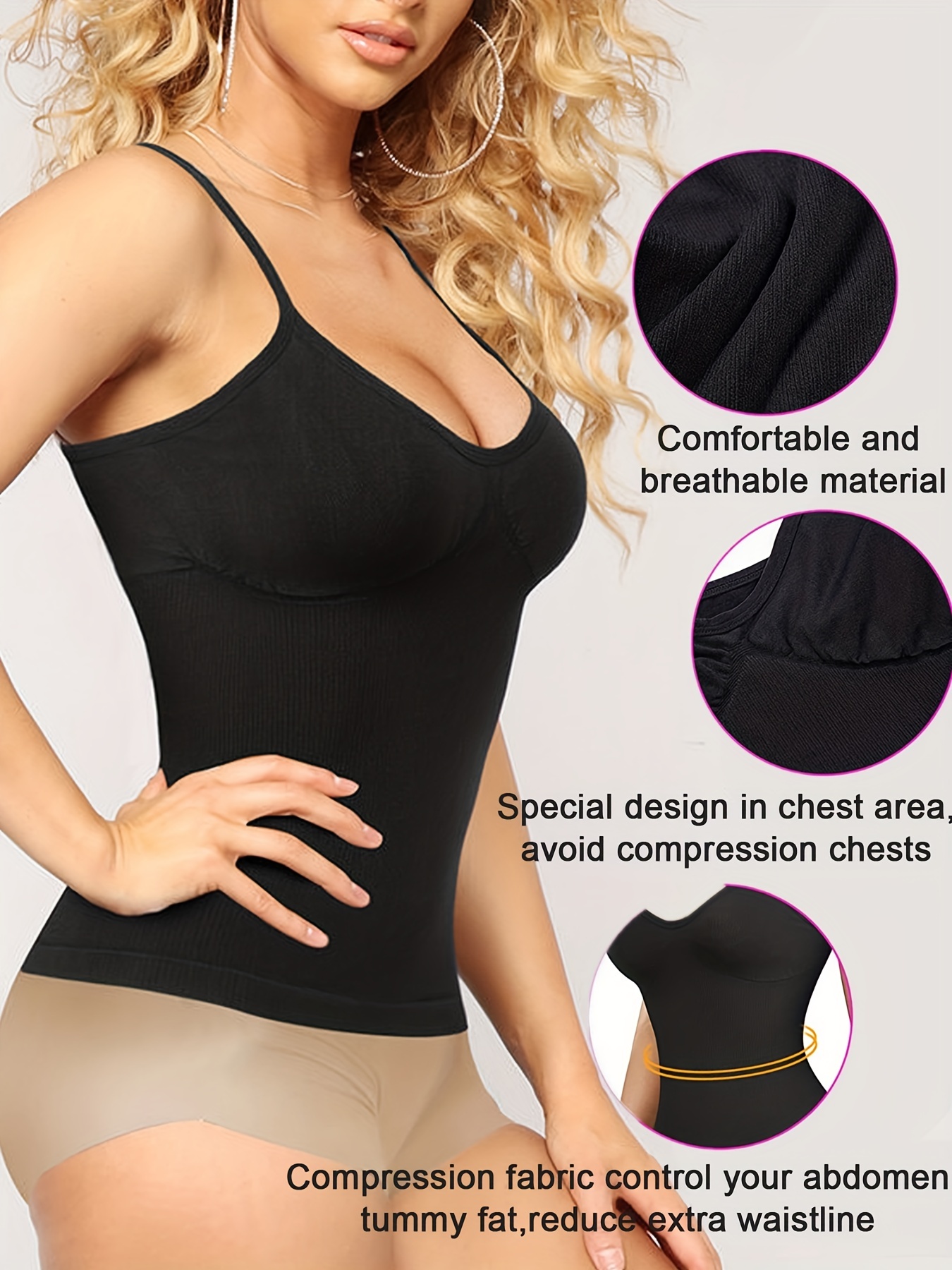 Slimming Tummy Control Cami Shaper, Seamless Camisole Shapewear, Slimming  Top (Black, Medium)