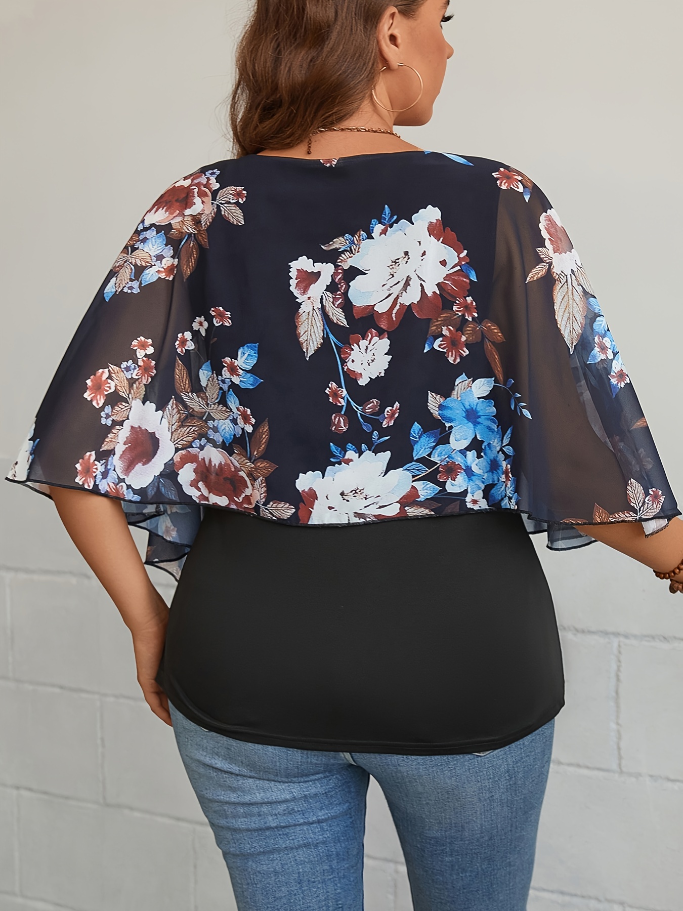 Plus Size Casual Top Women's Plus Colorblock Floral Print - Temu