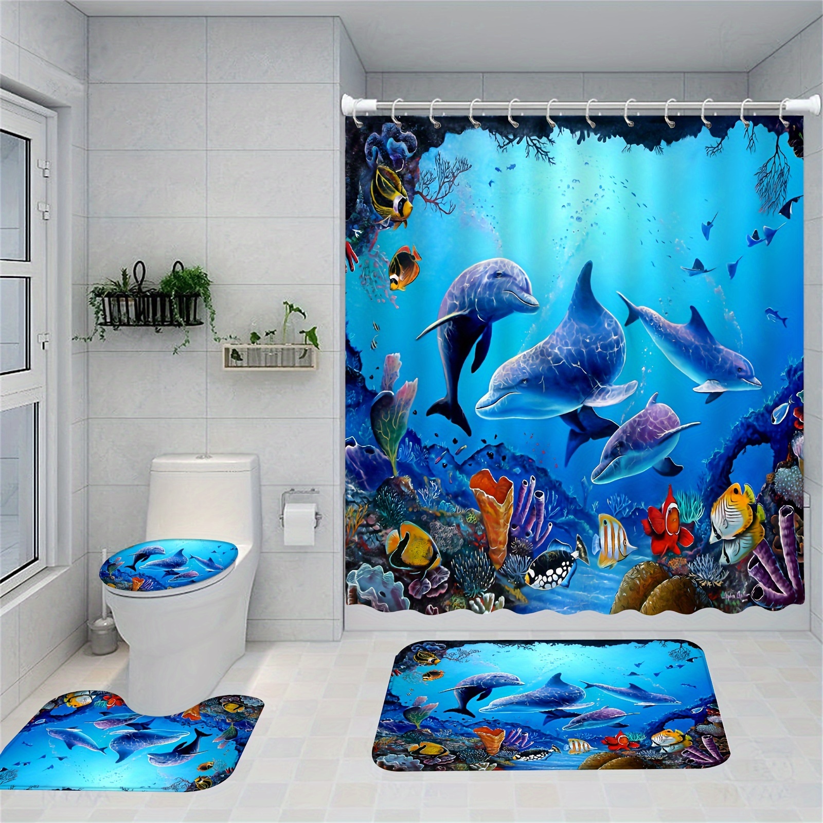 Sea World Dolphin Shower Curtain Set Seashell Fish - Temu