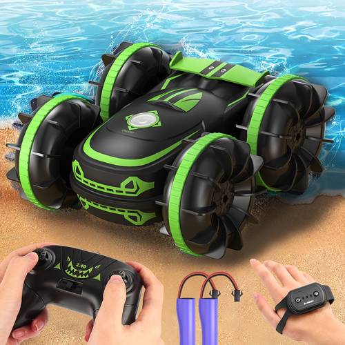 Amphibious RC Car Toy, 360° Rotating Waterproof RC Stunt Car With Gesture Sensor 2.4GHz Outdoor Remote Control Four-Wheel Buggy Toy Car, Gifts For Boys And Girls Over 4 5 6 7 8 Years Old, Green.