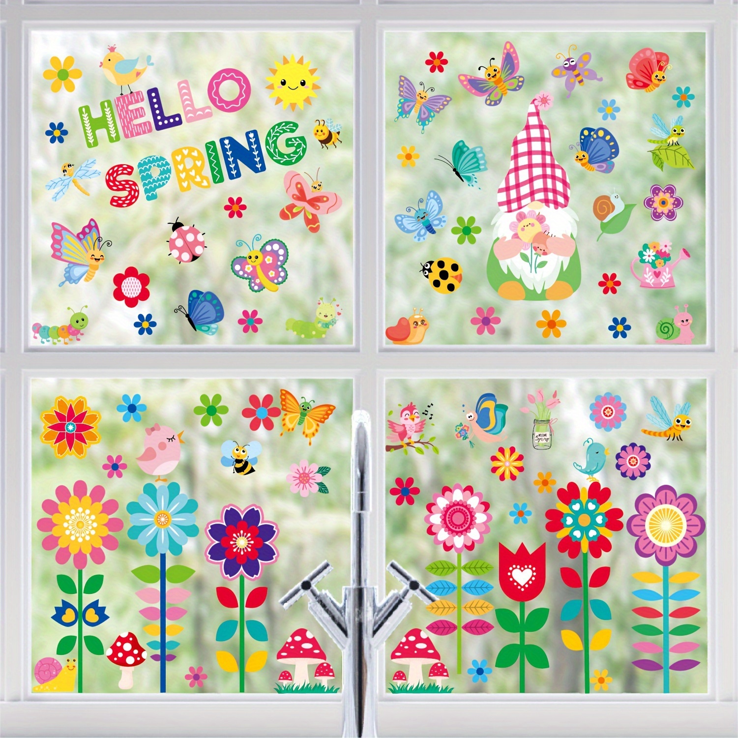 9 Sheet Hello Spring Window Stickers Decorations Spring Window Clings Flowers Butterflies Bees Birds Double-Sided Anti-collision PVC Window Decals