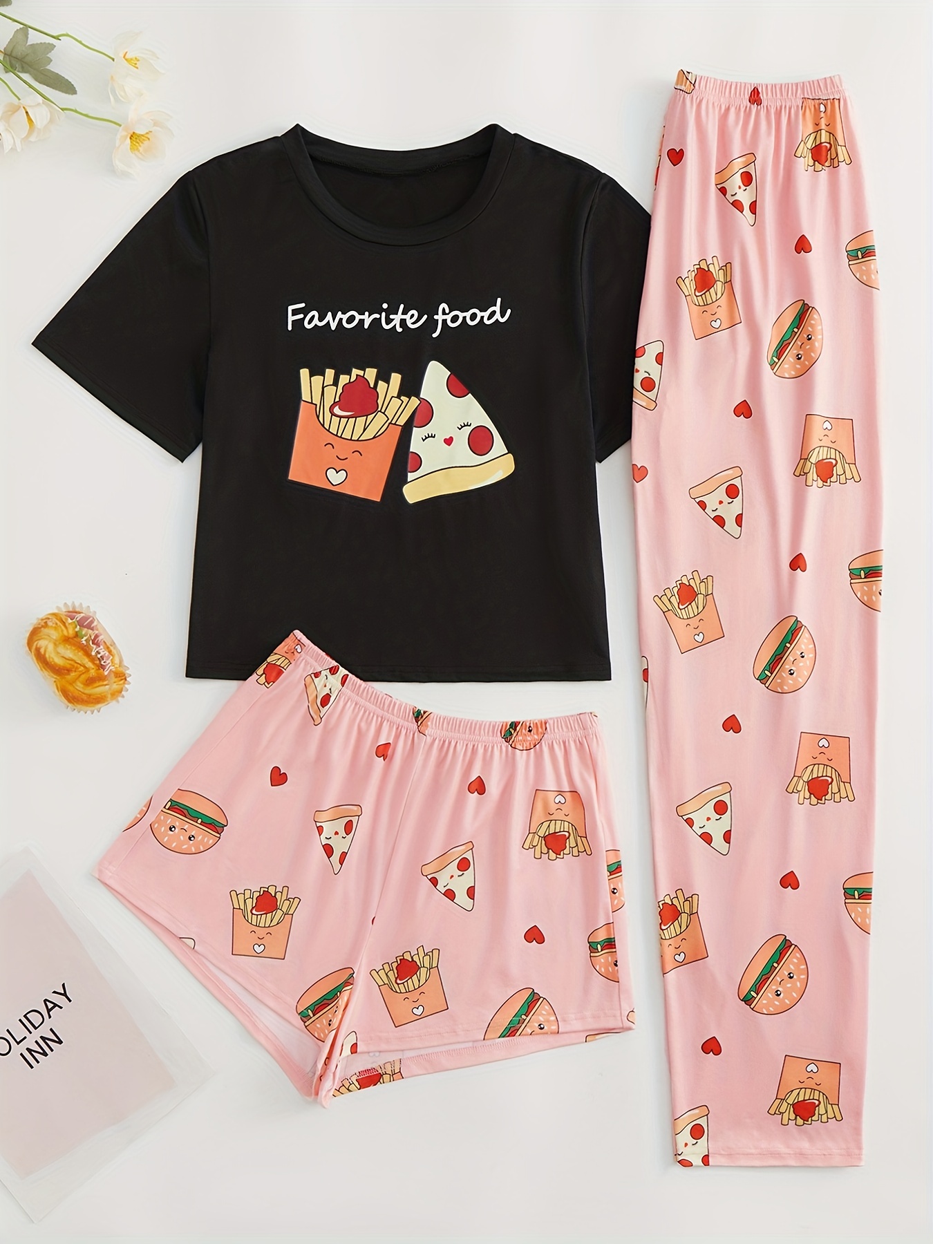 Cartoon Food Print Pajama Set Short Sleeve Crew Neck Top - Temu