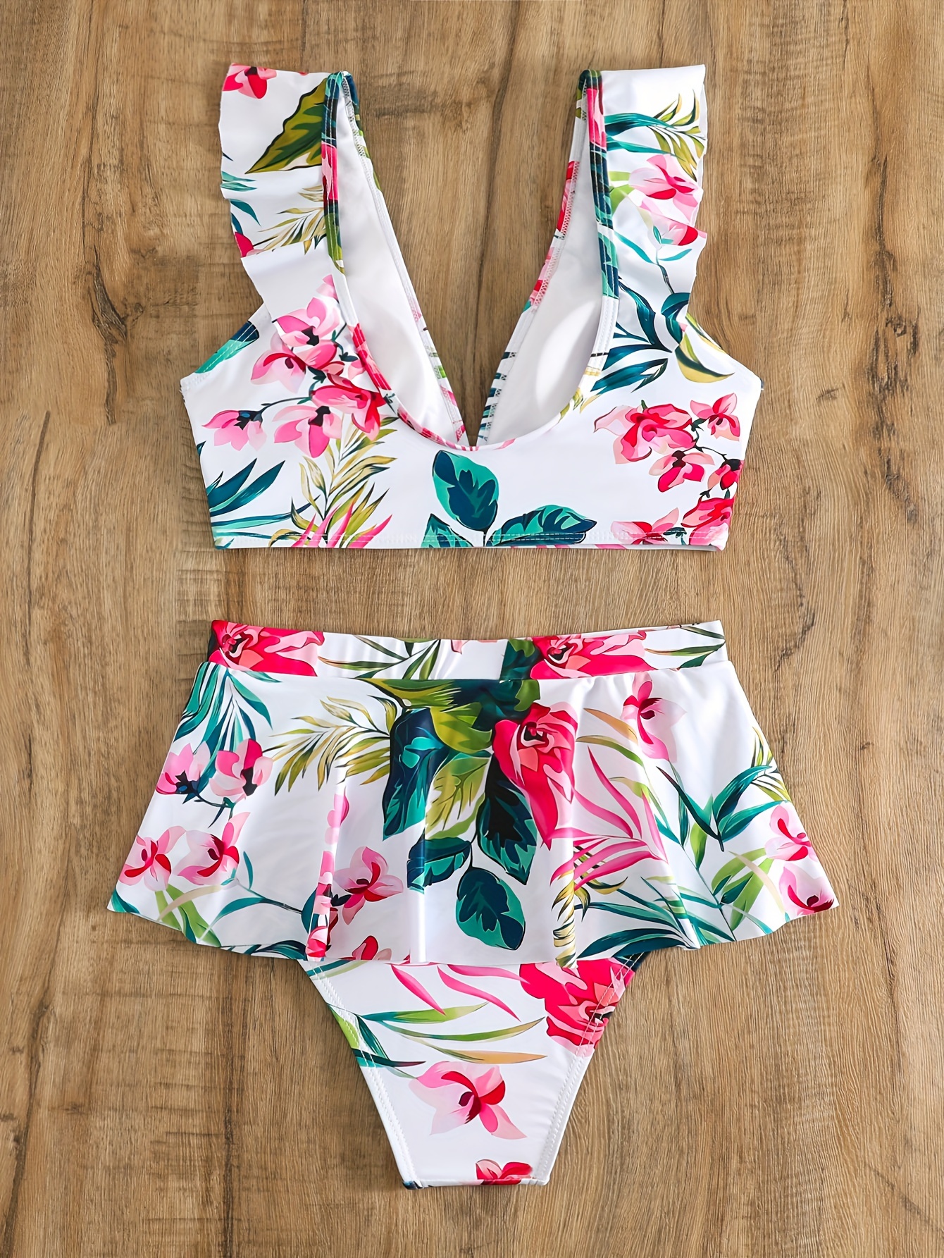 Artistic Floral Print Skirted One Piece Swimsuit, Swimsuits