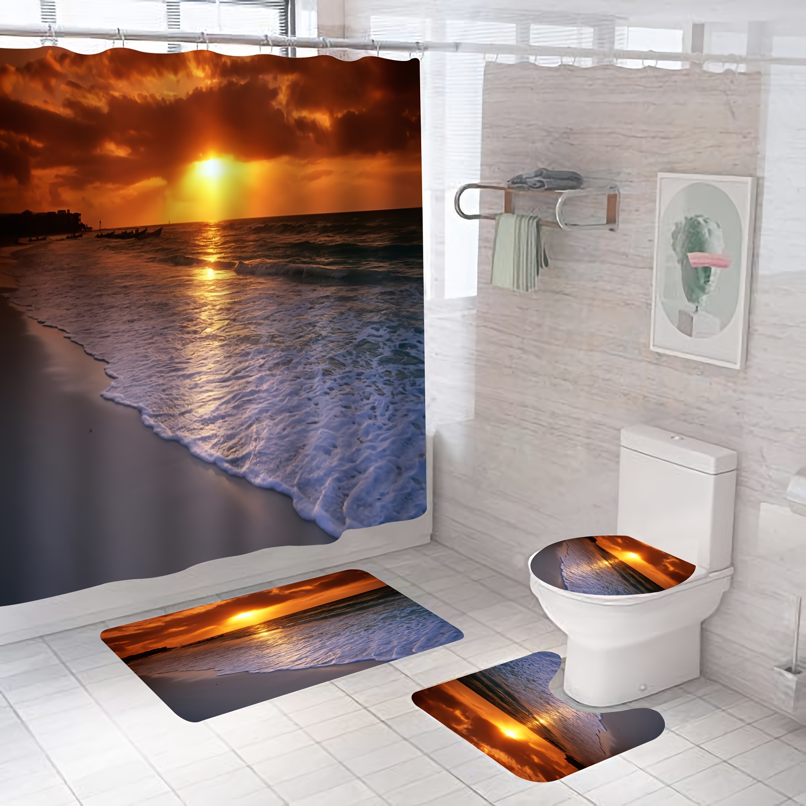 Shower Curtain Set Sunset Ocean View Ocean Beach Theme - Temu Canada