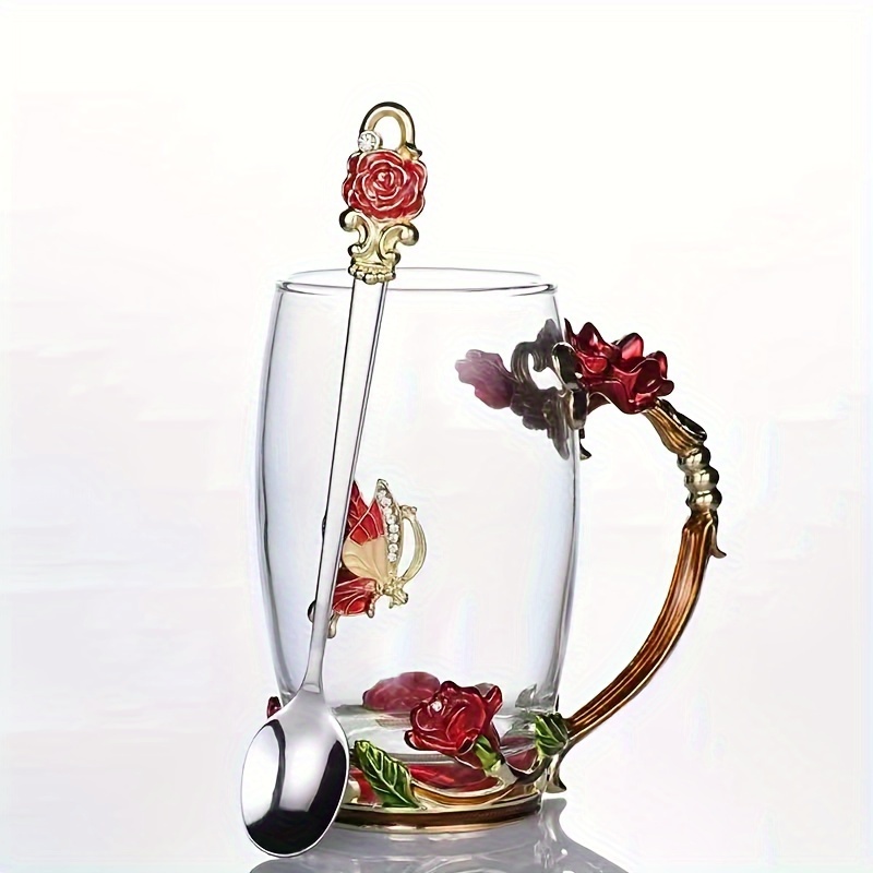 Glass Cup Rose Enamel Crystal Tea Cup Coffee Mug Tumbler - Temu