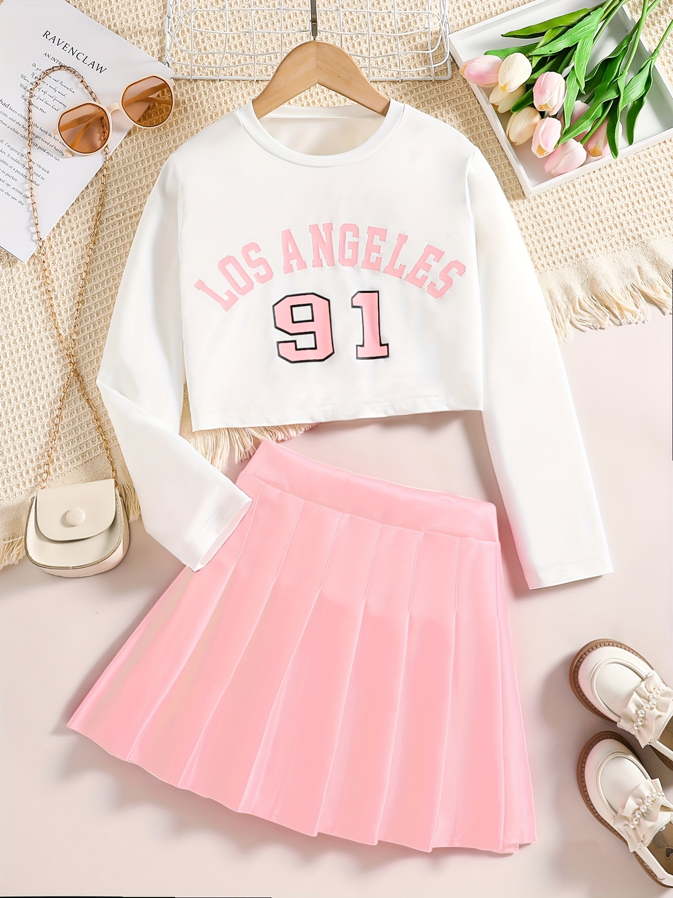 Girl's Preppy Style Outfit Letter Print Sweatshirt Pleated - Temu