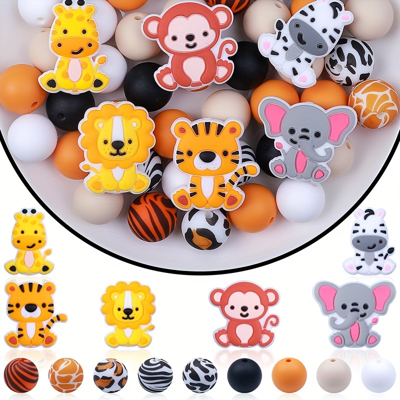 

56pcs Cute Jungle Animals Silicone Focal Beads, Cow Leopard Tiger Giraffe Shape For Room Party Decors Indoor Tiered Tray Wall Hanging Ornament, Key Bag Chain Bracelet Necklace Craft Supplies