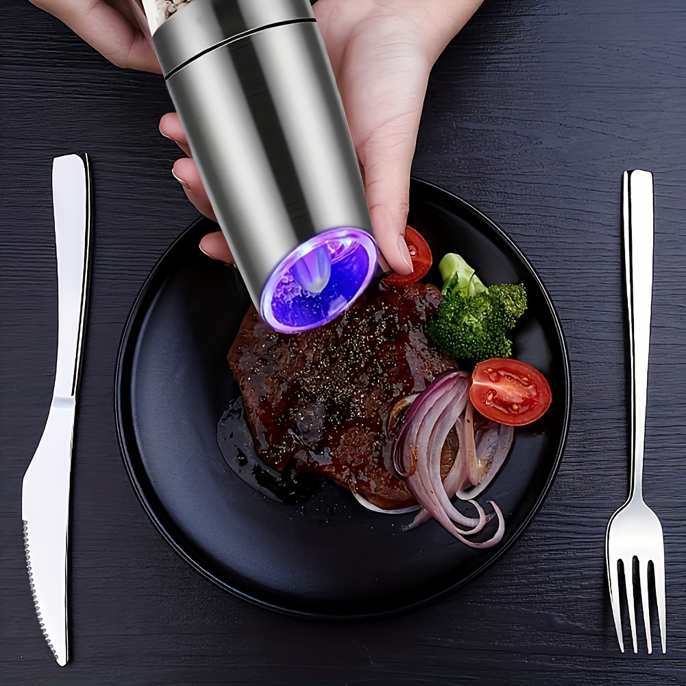 2 Pcs Gravity Electric Pepper Grinder, Salt or Pepper Mill & Adjustable Coarseness, Battery Powered with LED Light, One Hand Automatic Operation