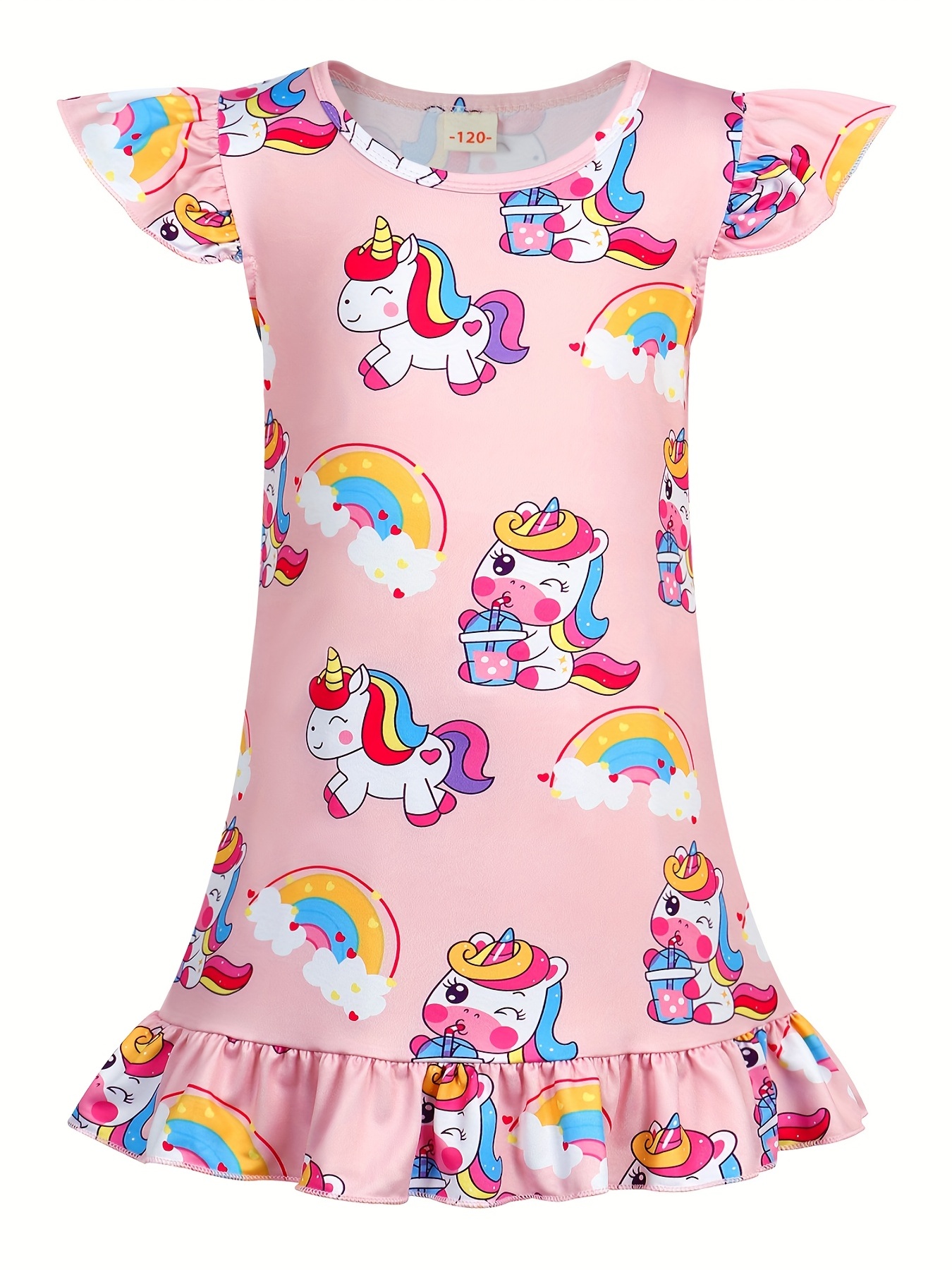 girls unicorn print nightdress kids short sleeve ruffle hem nightgowns sleepwear pajama dresses kids summer clothes details 0
