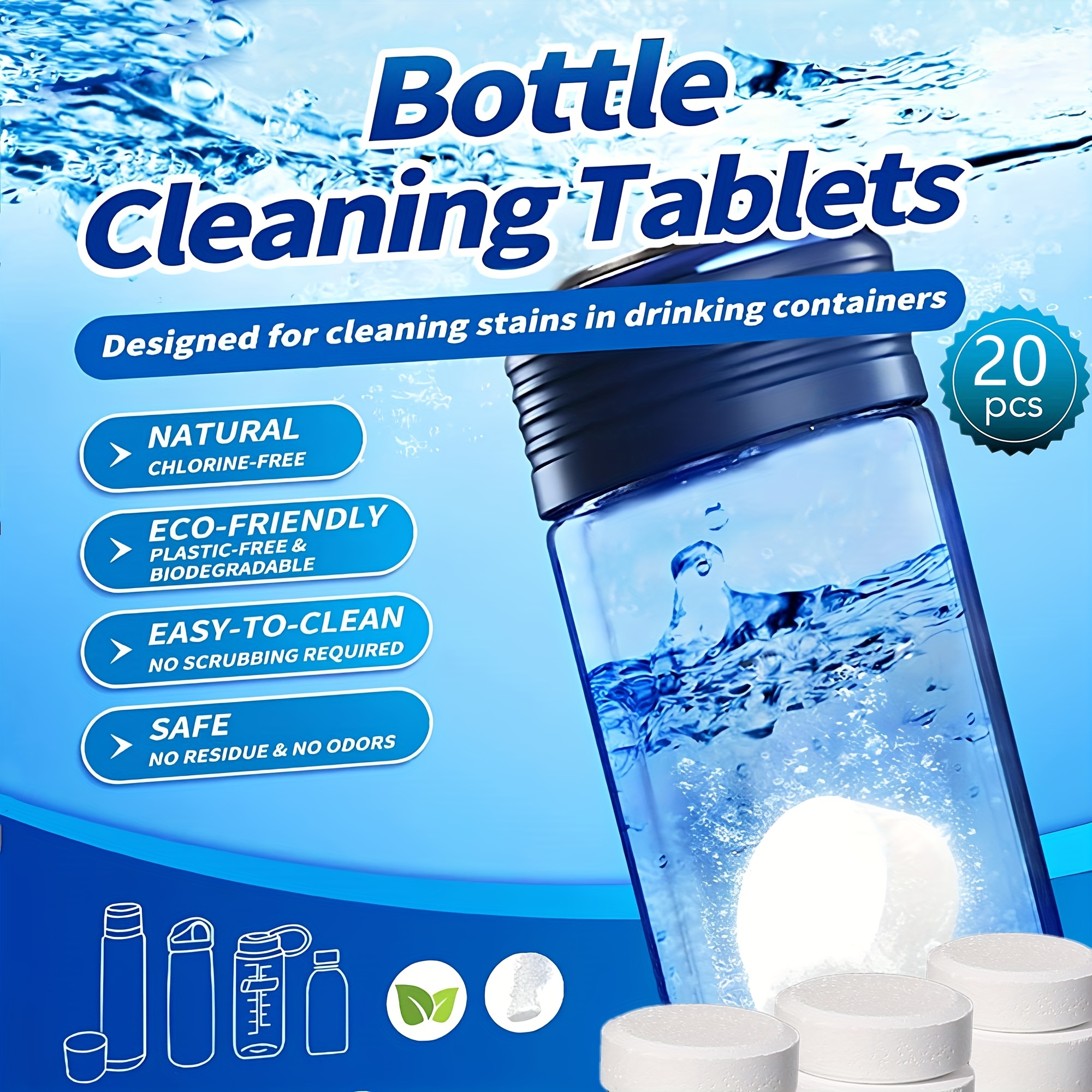 Bottle Cleaner Tablets - 36 Pack, Biodegradable, Chlorine & Odor Free