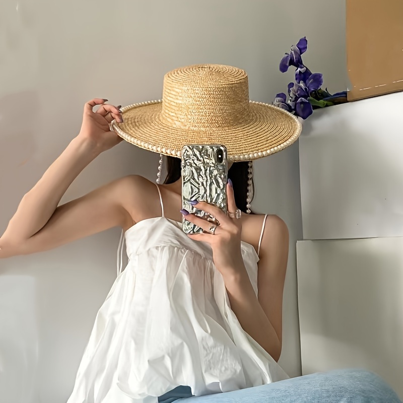 Women's Faux Pearl Mesh Bow Decor Straw Hat Fashion Travel - Temu Canada