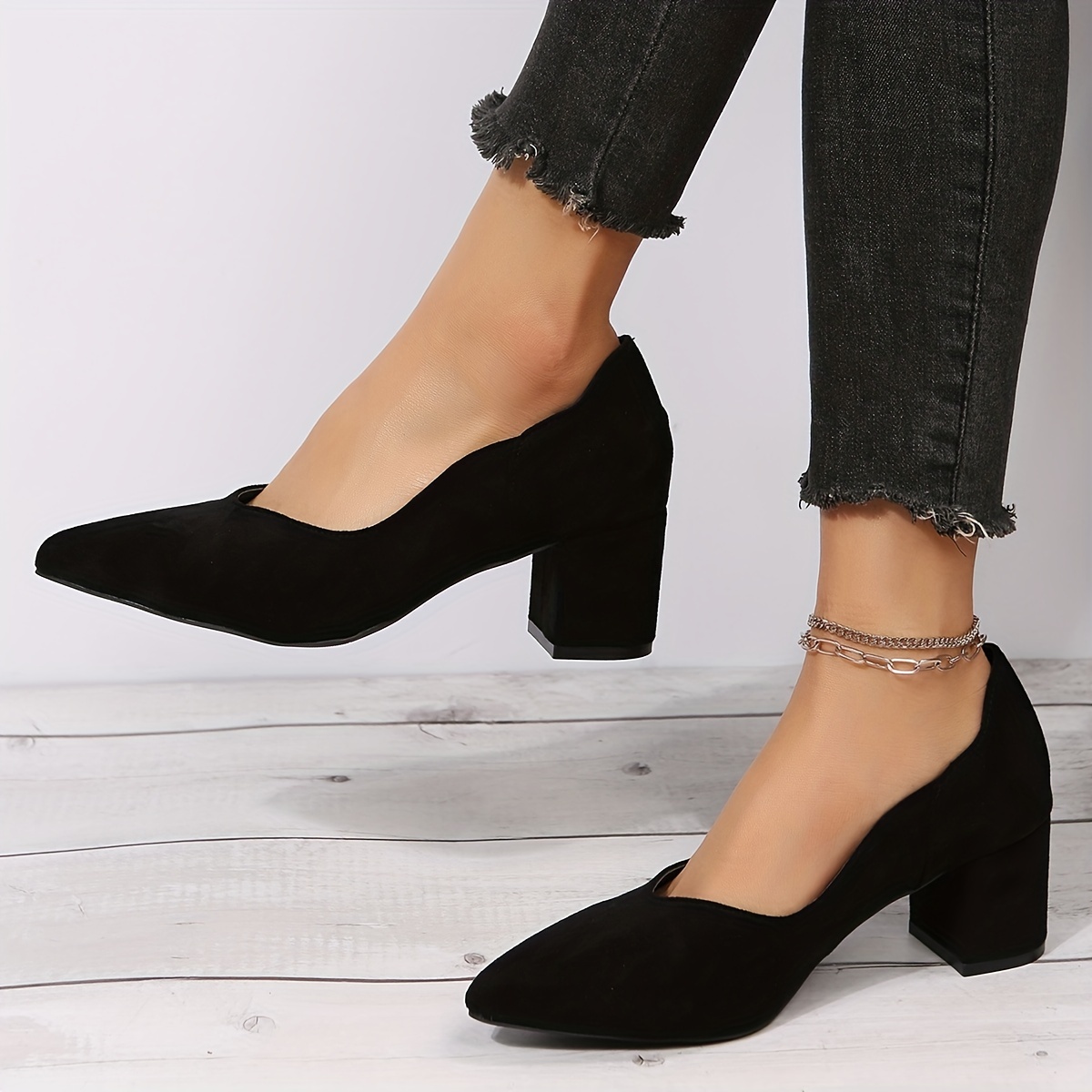 Elegantes zapatos de salón negros para mujer, zapatos de tacón grueso con  punta en punta
