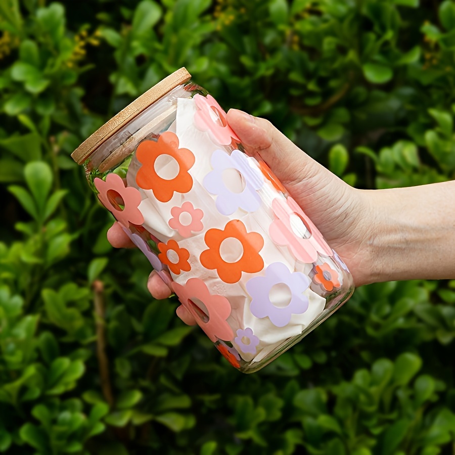 Plant Glass Coffee Cup Boho Iced Coffee Cup with Bamboo Lid and