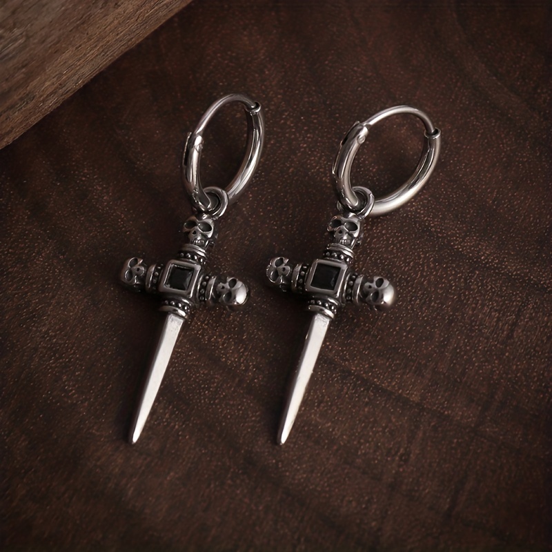 

1 Pair Punk Retro Skull Sword Dangle Earrings - Hip Hop Gothic Copper Jewelry, Fashionable Metal Accents With Design, Ideal For Men And Women