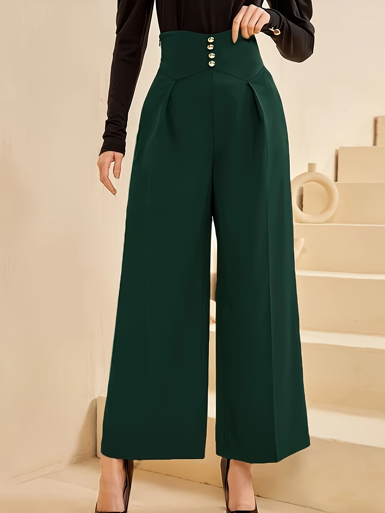 Pantalones Elegantes De Talla Grande, Pantalones Sueltos De Talle Alto Con  Decoración De Botones Lisos Para Mujer Con Bolsillos