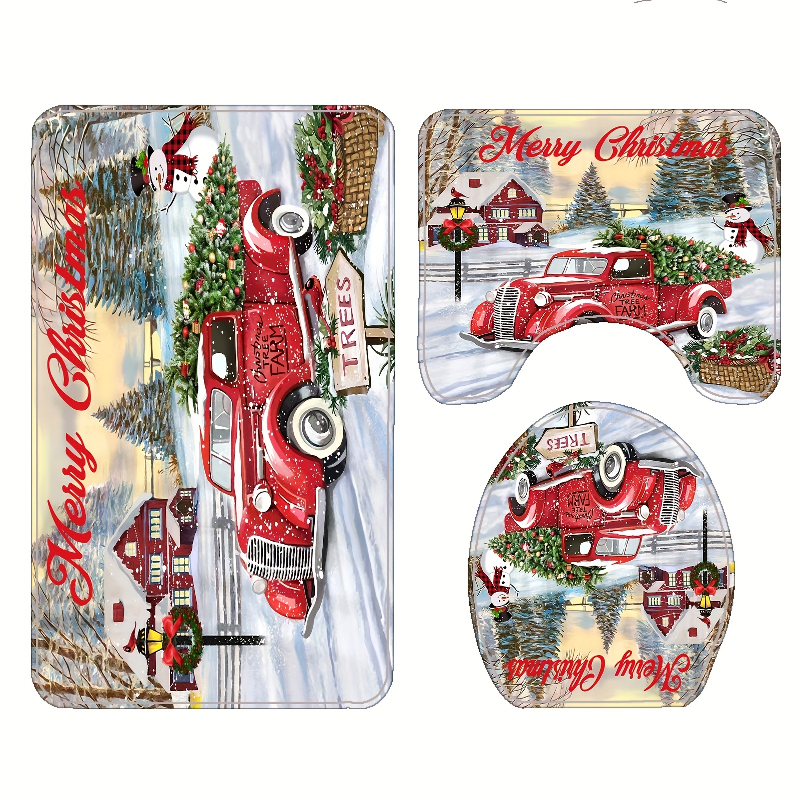 Christmas Tree Farmhouse Red Truck Snowman Shower Curtain Set for Bathroom  Decor