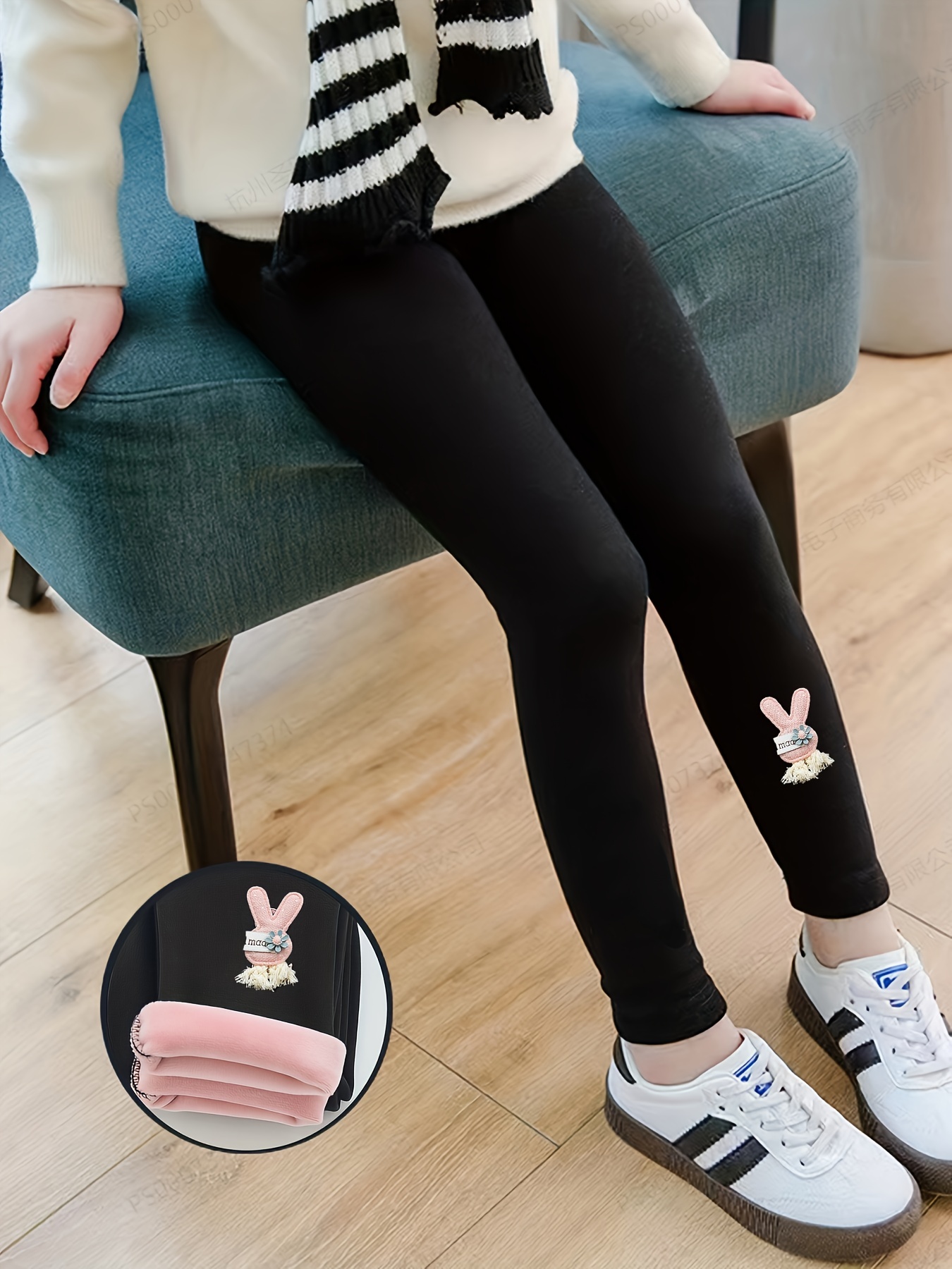 Girls' Cartoon Fleece Kitty Embroidery Leggings Thick - Temu