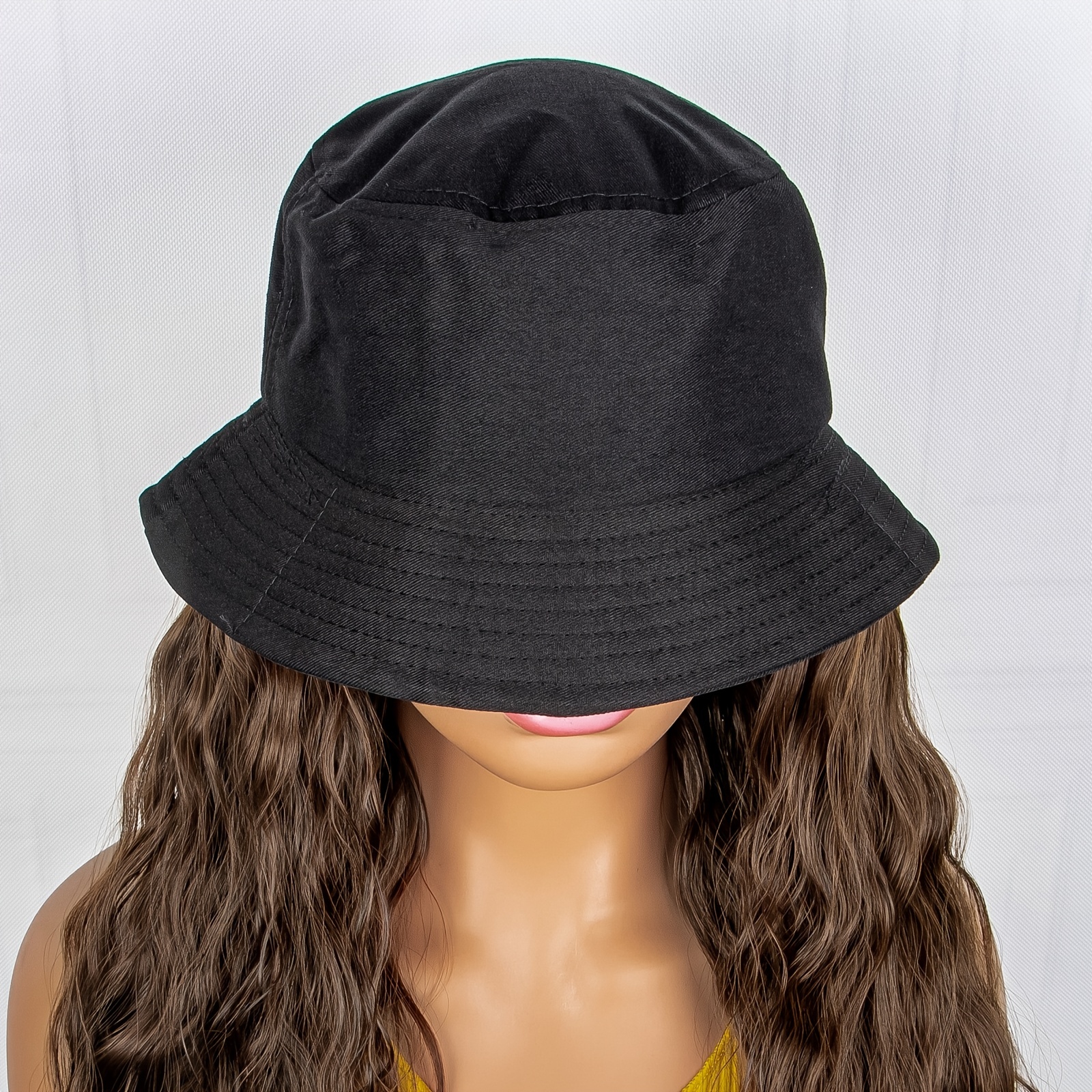 Black Bucket Hat Wig Long Straight Curly Hairpiece Outdoor - Temu