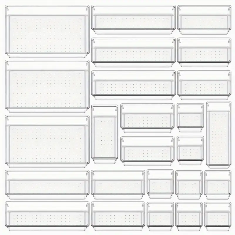 lot de 25 boîtes de rangement en plastique transparent, plateaux organisateurs empilables multi-tailles pour salle de bain, cuisine, tiroir, organisation de camping-car, polyéthylène téréphtalate, accessoires de décoration intérieure, pile requise détails 0