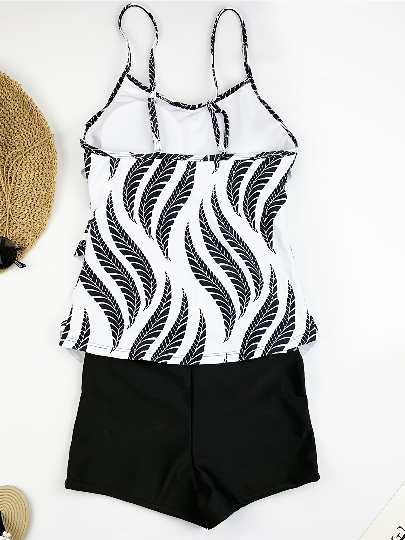 leaf print ruffle hem tankini