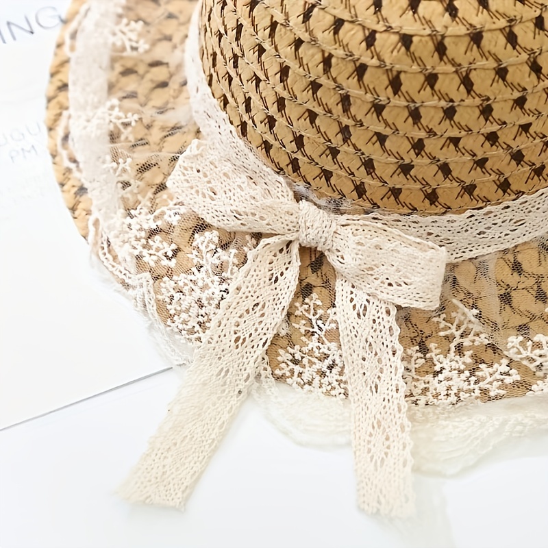 Women's Sunshade Straw Hat with Lace Bow Decor