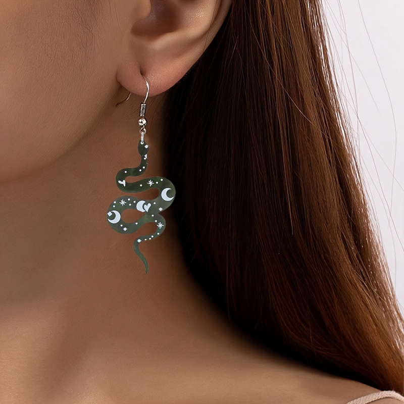 Punk Star & Moon Snake Dangle Earrings Edgy Gothic Jewelry