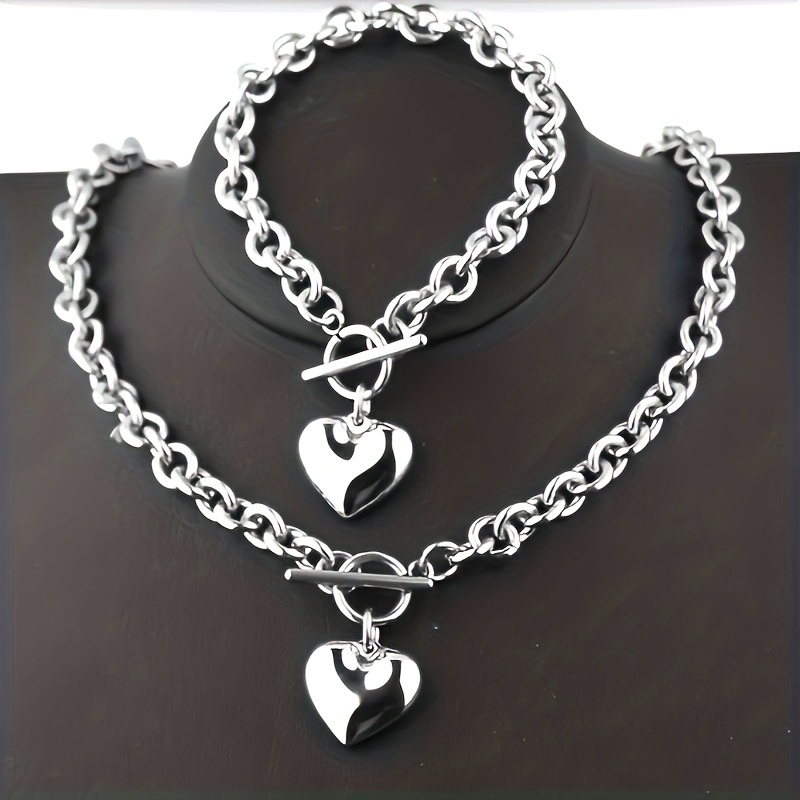 

2pcs/set Fashion Titanium Steel Set Peach Heart Set Necklace Bracelet O-shaped Chain For Men And Women