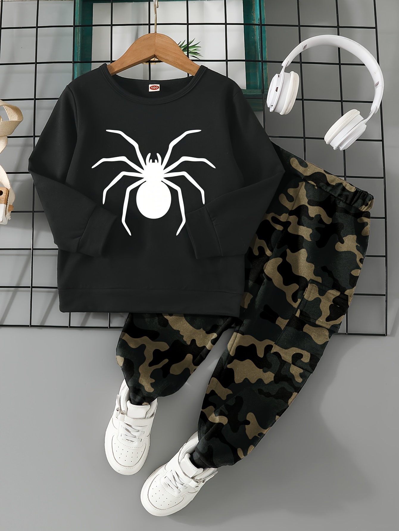 Cartoon Spider Print Outfit Boys Sweatshirt Camouflage Temu