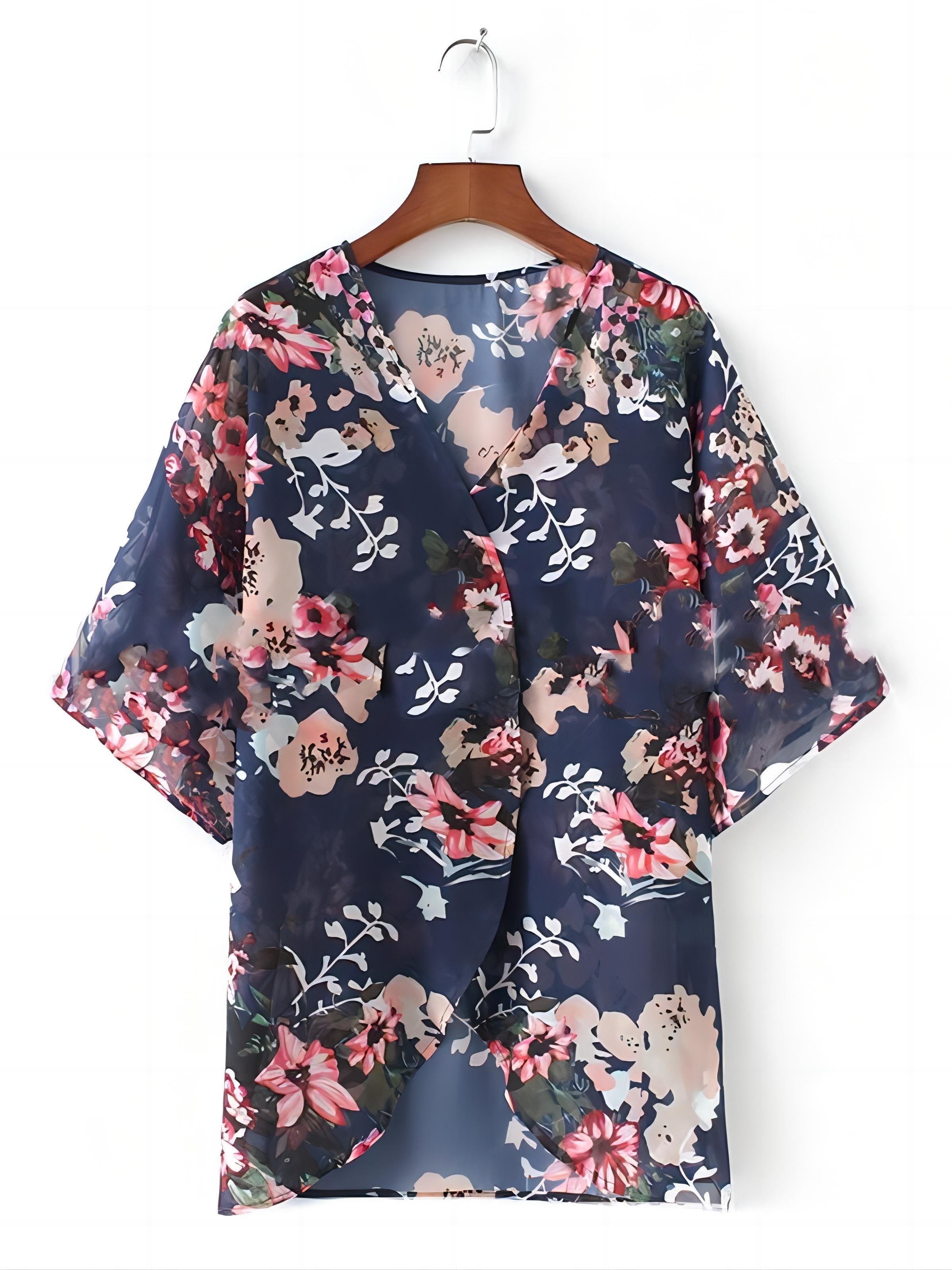 Floral Print Cover Up Cardigan, V Neck Loose Fit Half Sleeves Casual Beach Kimono, Women's Swimwear & Clothing
