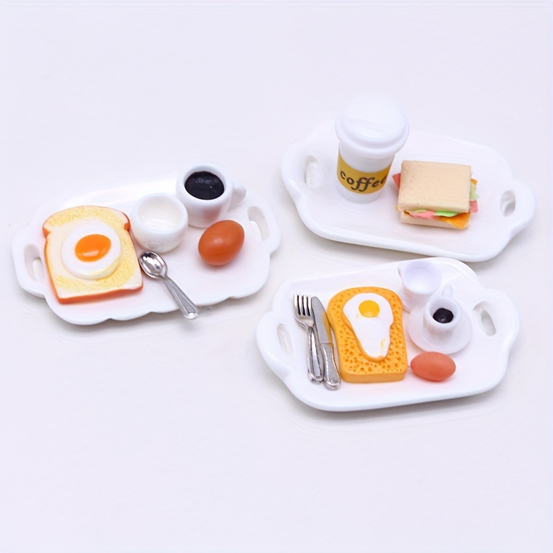 Dollhouse Mini Toast Bread Coffee Egg With Plate Model, Kitchen