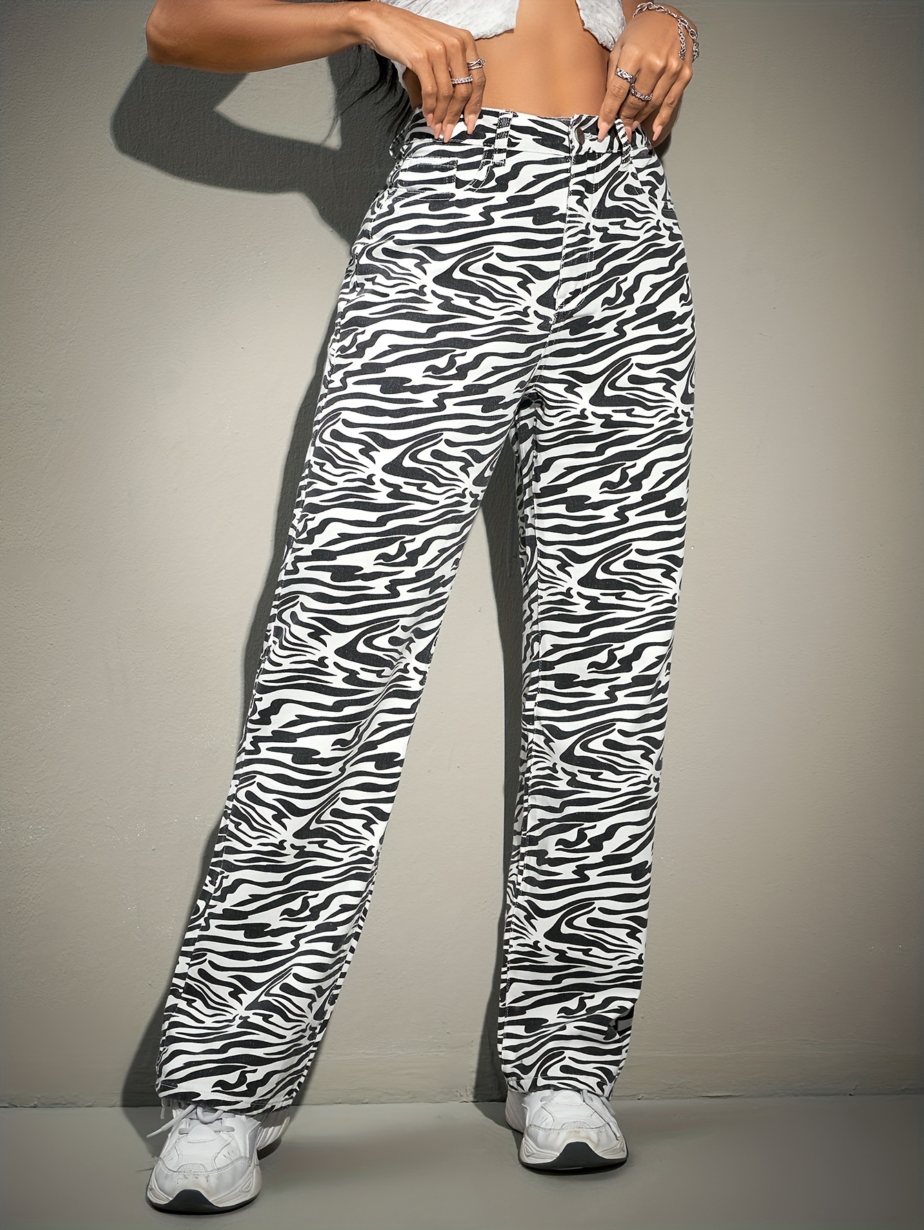 Zebra Print Jogger Pants, Casual Ruffle Hem High Waist Pants With Pocket,  Women's Clothing