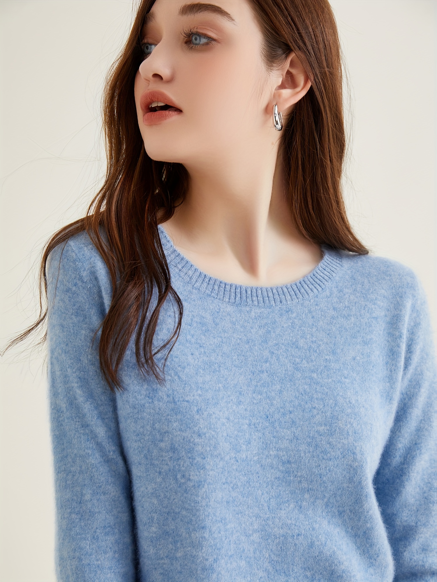 100 cashmere sweater casual long sleeve crew neck sweater womens clothing sky blue 3