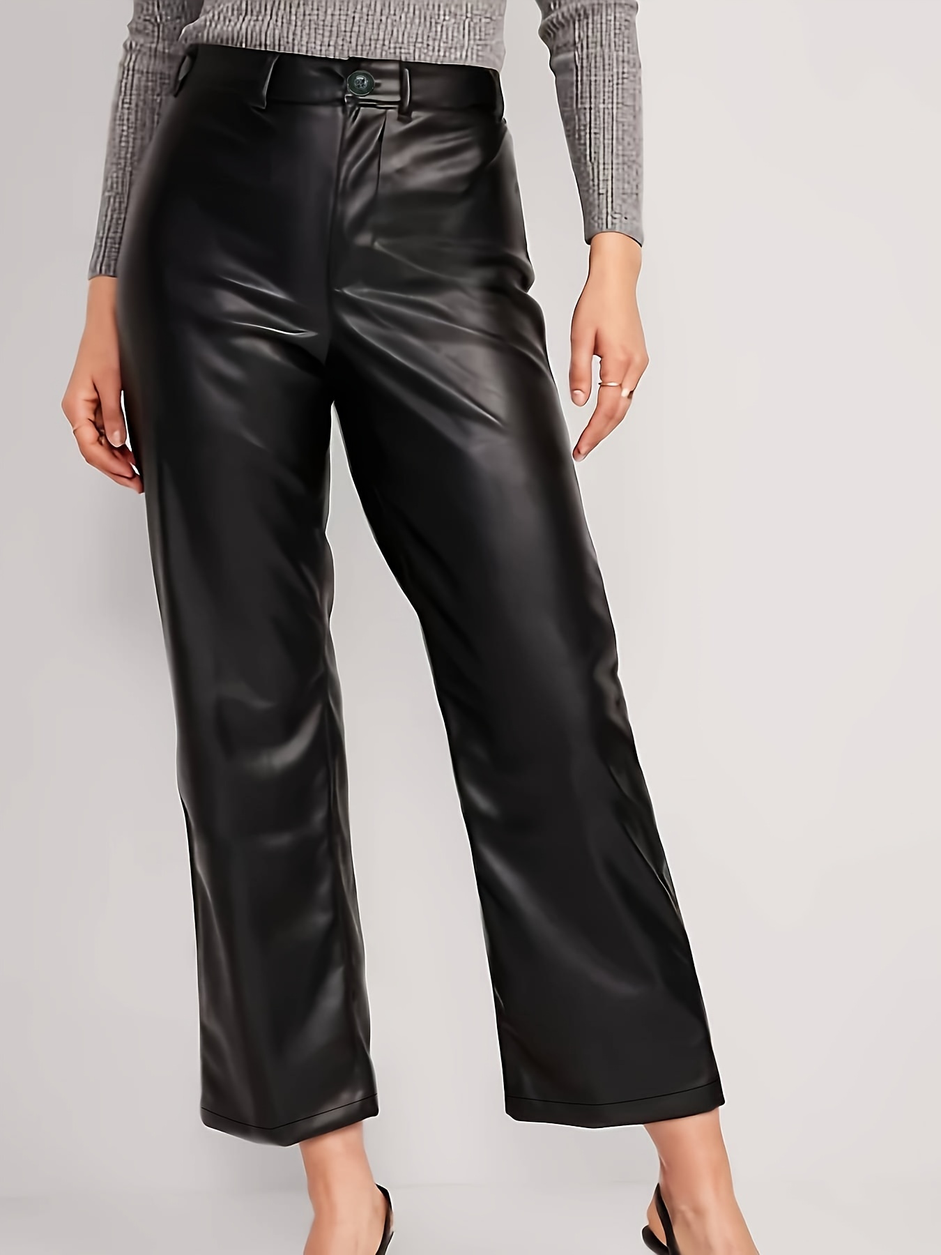 Plus Size Solid Cropped Straight Leg Pants Casual Faux - Temu