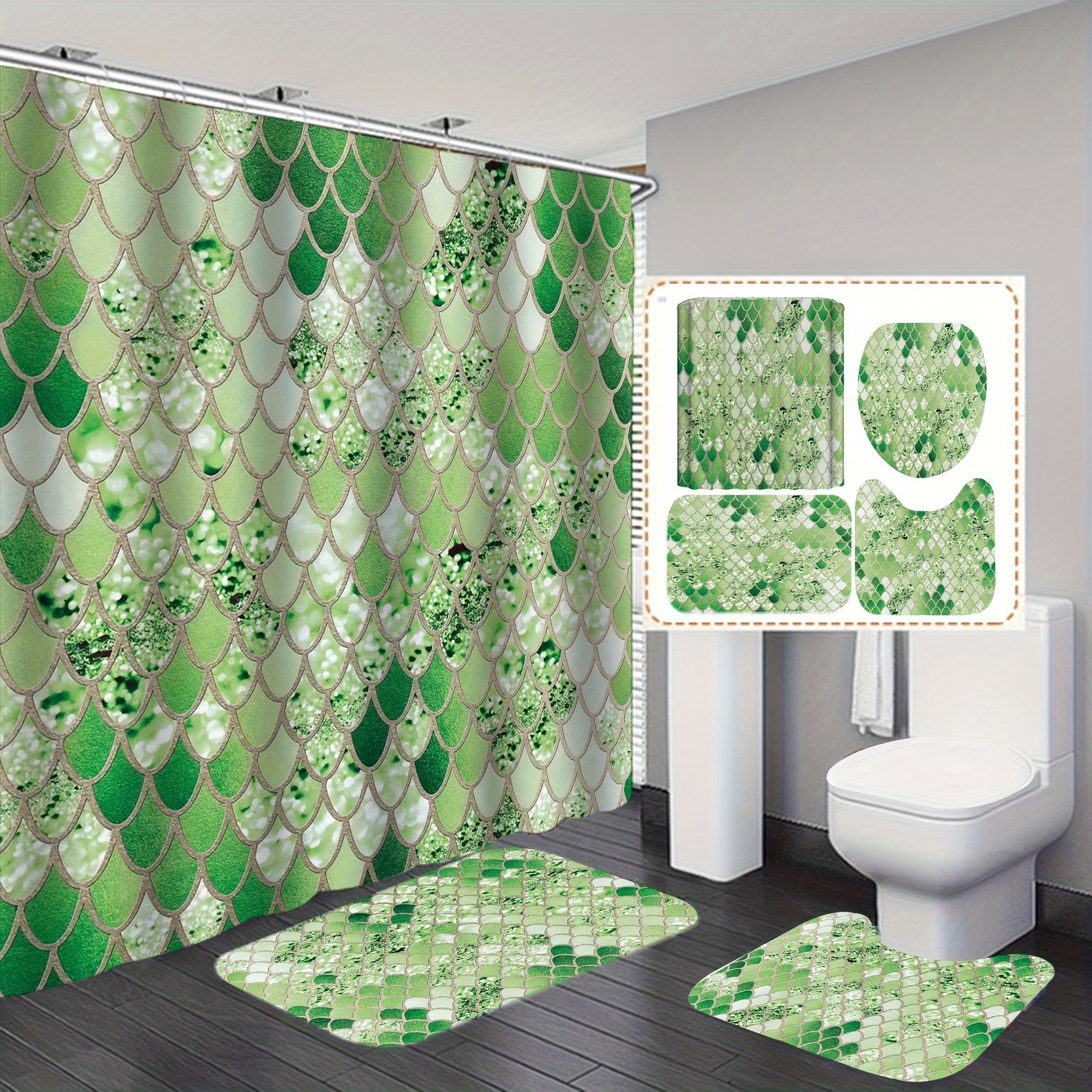 4pcs Green Fish Scales Pattern Shower Curtain Set, Waterproof Bath Curtain  With Hooks, U-shaped Mat, Toilet Cover Mat, L-shaped Mat, Bathroom Accessor