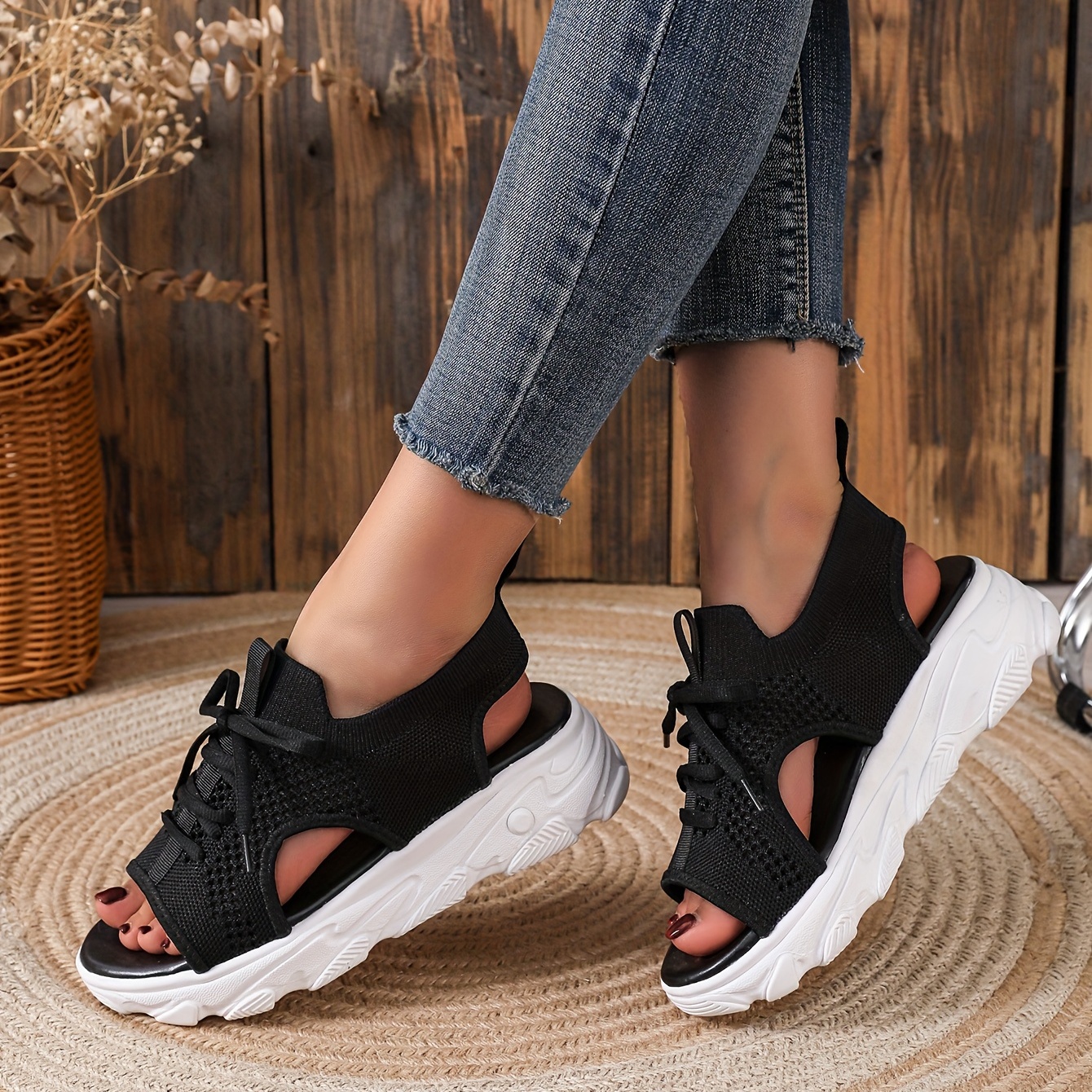 Women's Breathable Knit Platform Sandals Summer Casual Lace - Temu