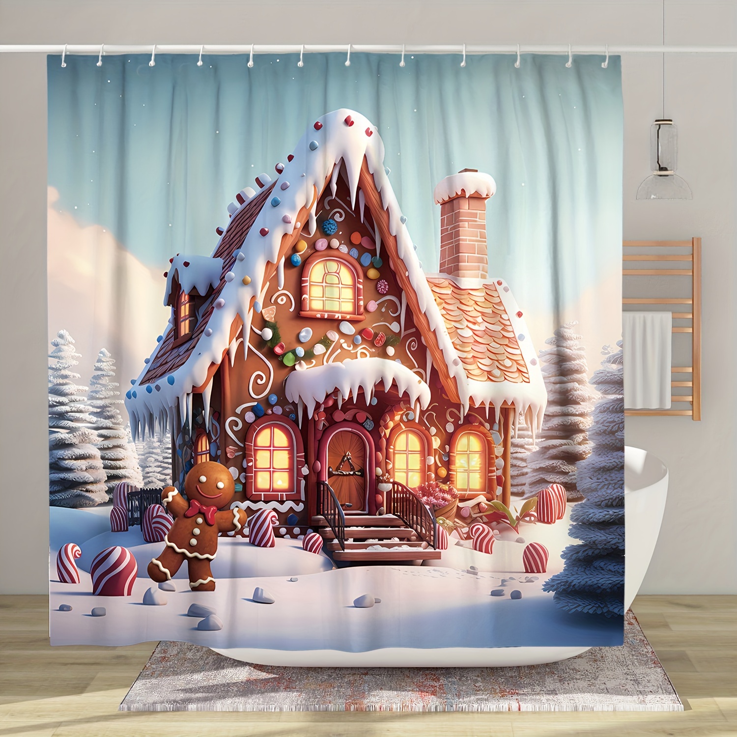 

1pc Gingerbread House Polyester Shower Curtain, Rustic Farmhouse Bathroom Decor, Waterproof Bath Curtain With 12 Hooks For Bathtub Decor