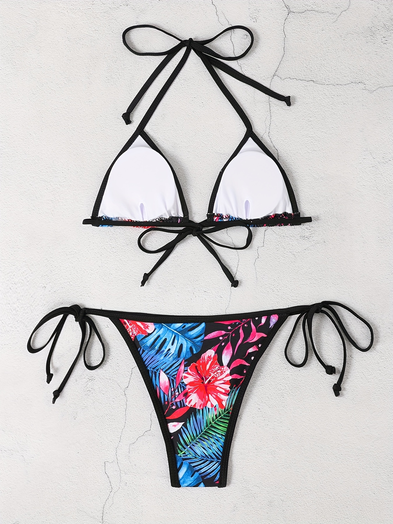 Floral Leaf Print Halter Tie Side Bikini Triangle Tie Neck - Temu