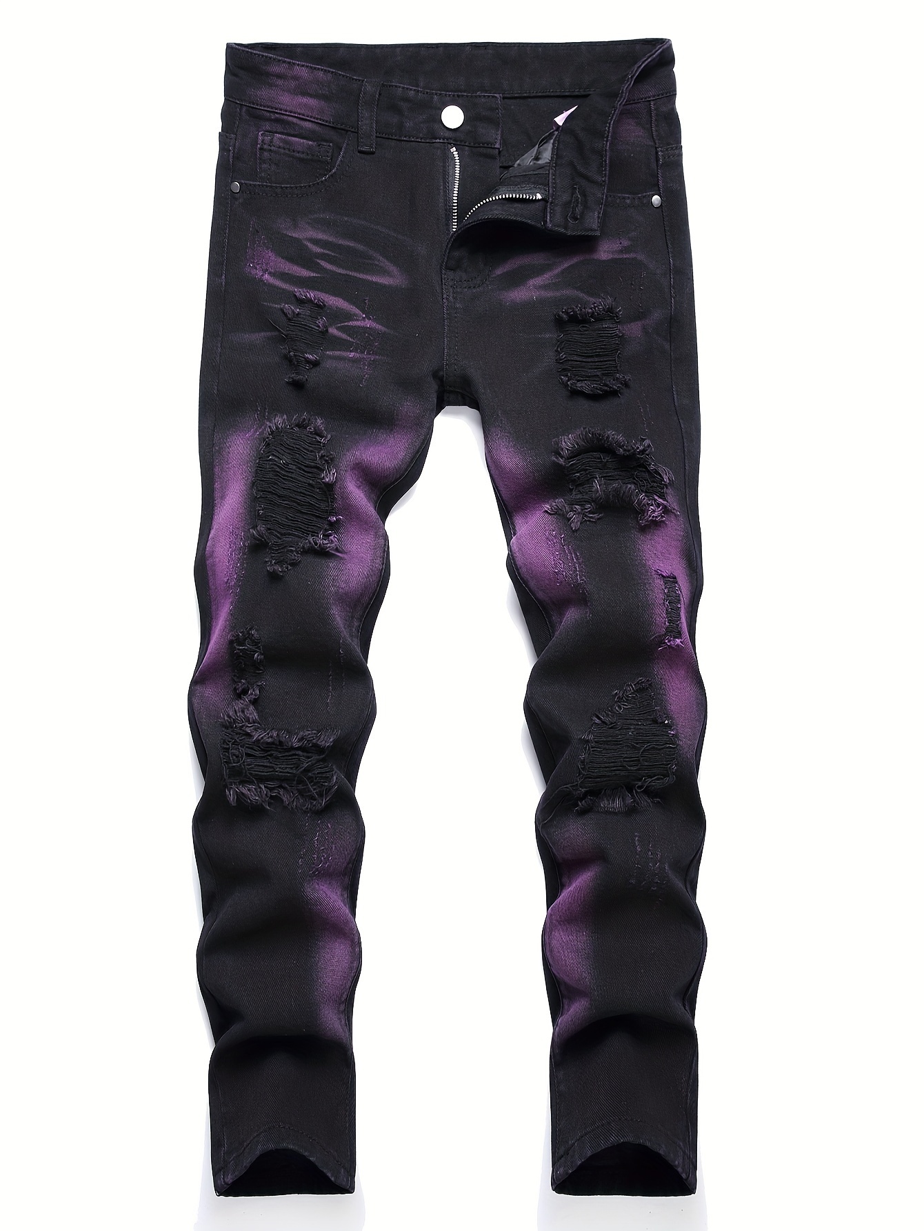 Boys Purple Ripped Jeans Skinny Slim Fit Washed Denim Long - Temu