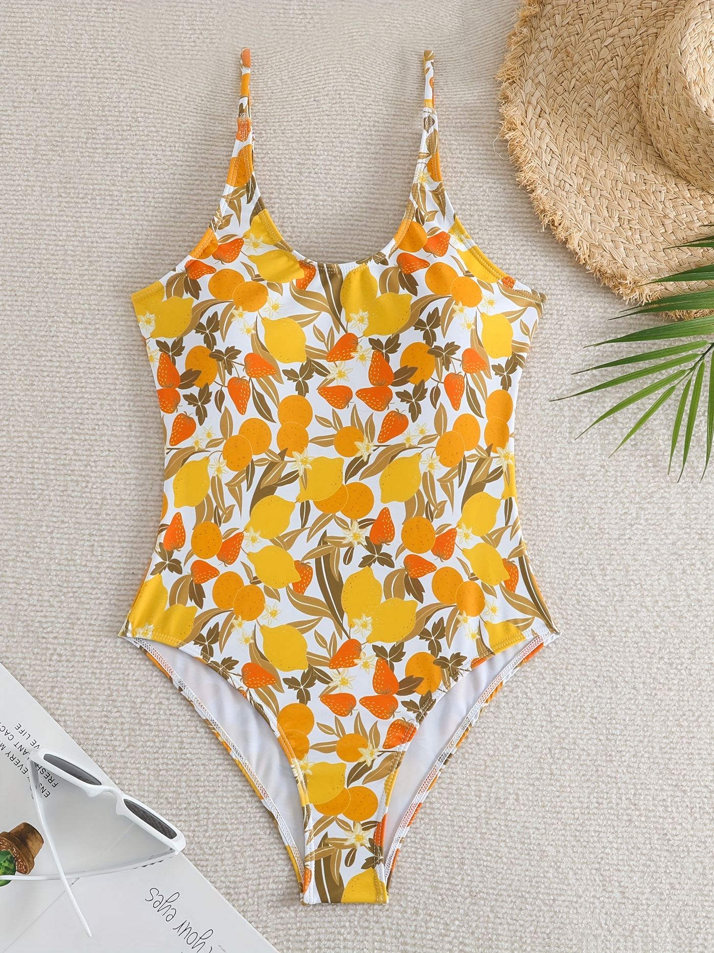 Fruit Print Tie Shoulder One-piece Swimsuit, Contrast Trim V Neck Stretchy  Cute Bathing Suits, Women's Swimwear & Clothing