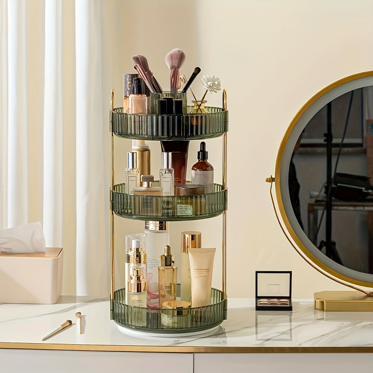 Organizador de maquillaje giratorio para tocador de 3 niveles, alta  capacidad para el cuidado de la piel, transparente, organizador de  perfumes