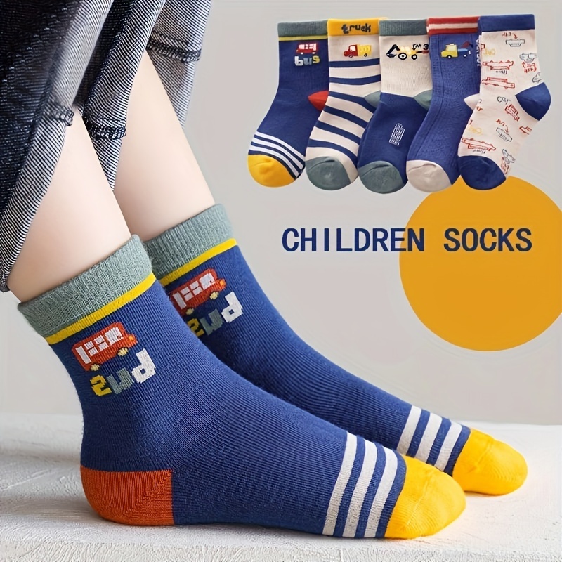 

5 Pairs Of Boy's Trendy Cartoon Striped Letter Pattern Crew Socks, Breathable Comfy Casual Style Unisex Socks For Kids Outdoor All Seasons Wearing