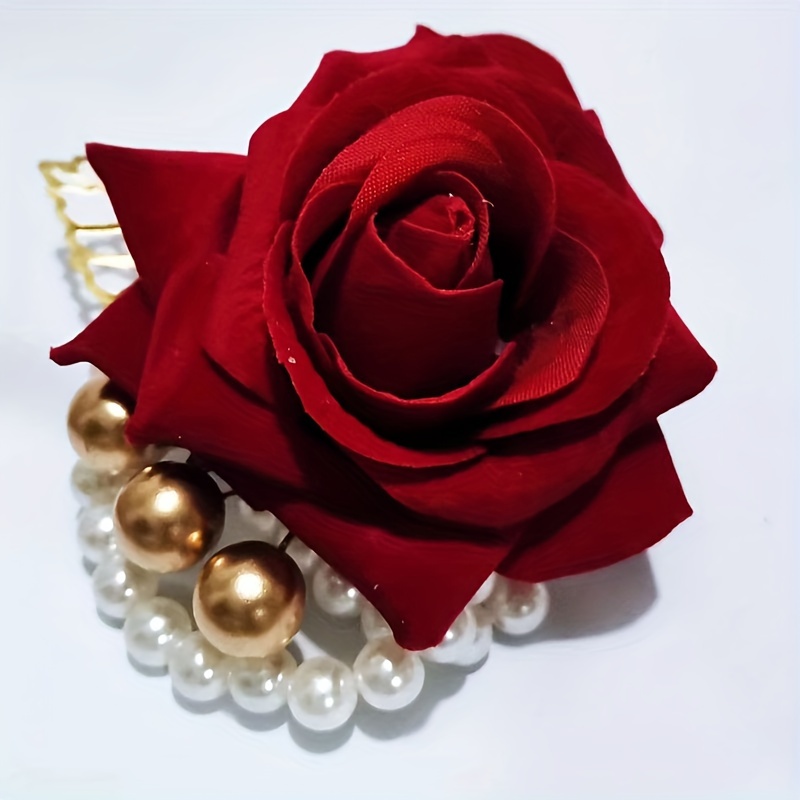 

Romantic Red Rose Bracelet With Pearl And Golden Beads - Perfect For Wedding, Bridal Party, Or Special Occasions