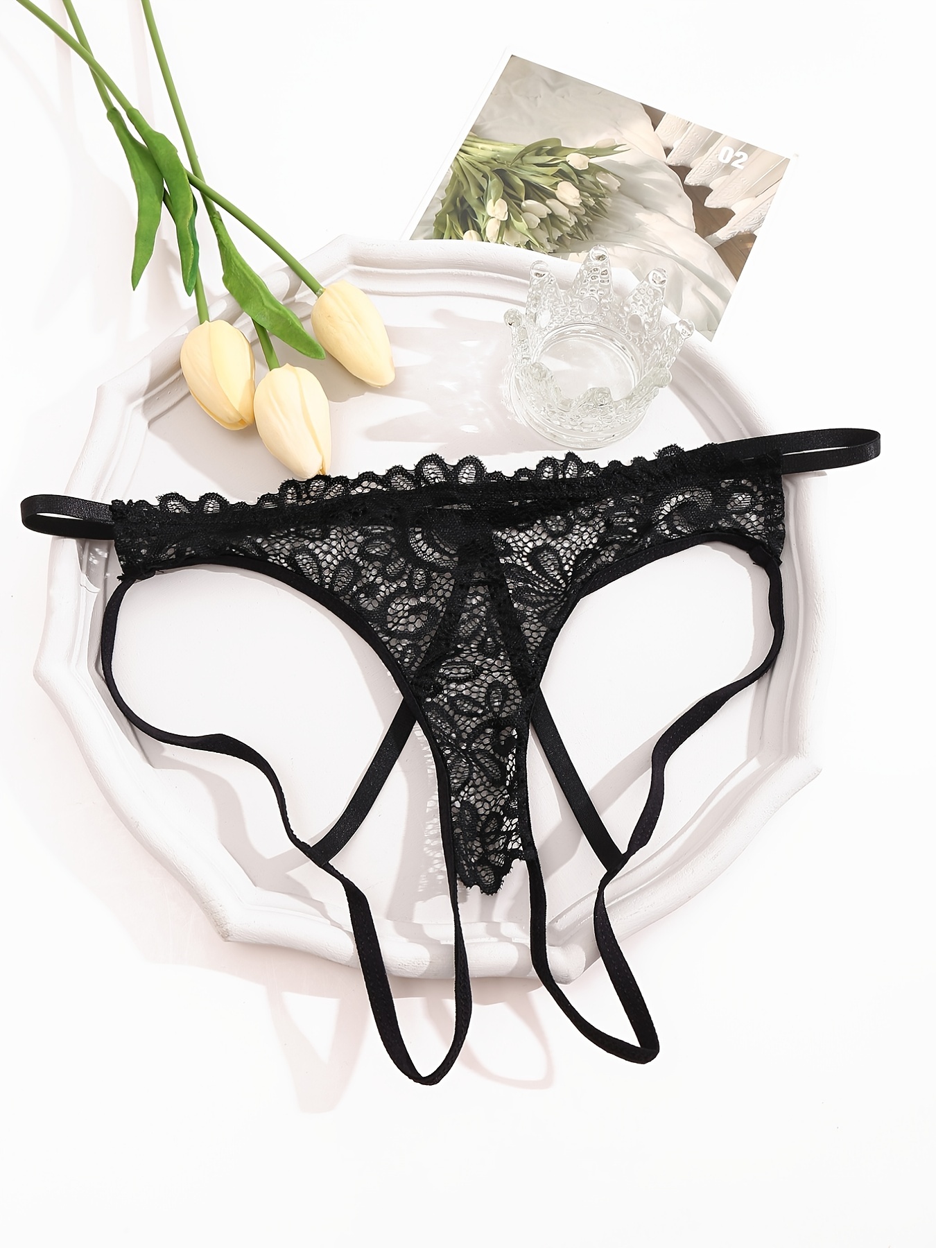 Women Open Crotch Lingerie Transparent Floral Lace Briefs Solid Color G  String Thong Ladies Underwear Ropa Interior Fem