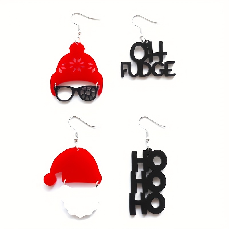 

Trendy Christmas Red Santa Hohoho Black Letters & Snow Beanie Glasses Design Asymmetric Earrings Cute Style Creative Female Gift