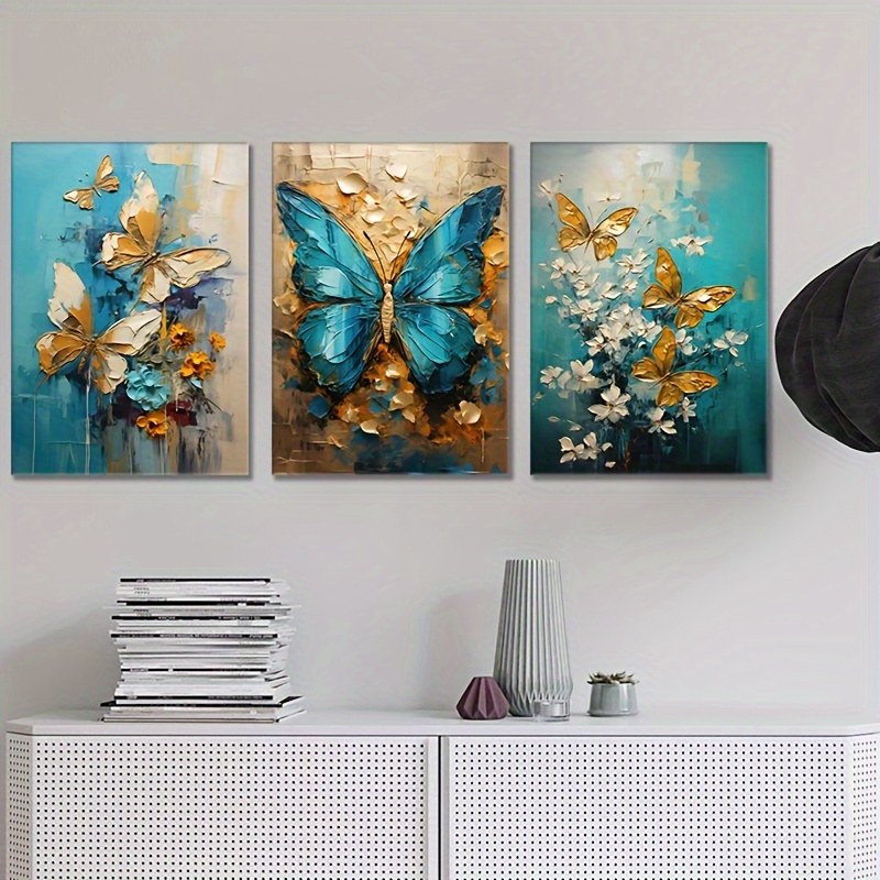 3pcs Set Texture Oil Painting Canvas Print Posters Golden Blue ...