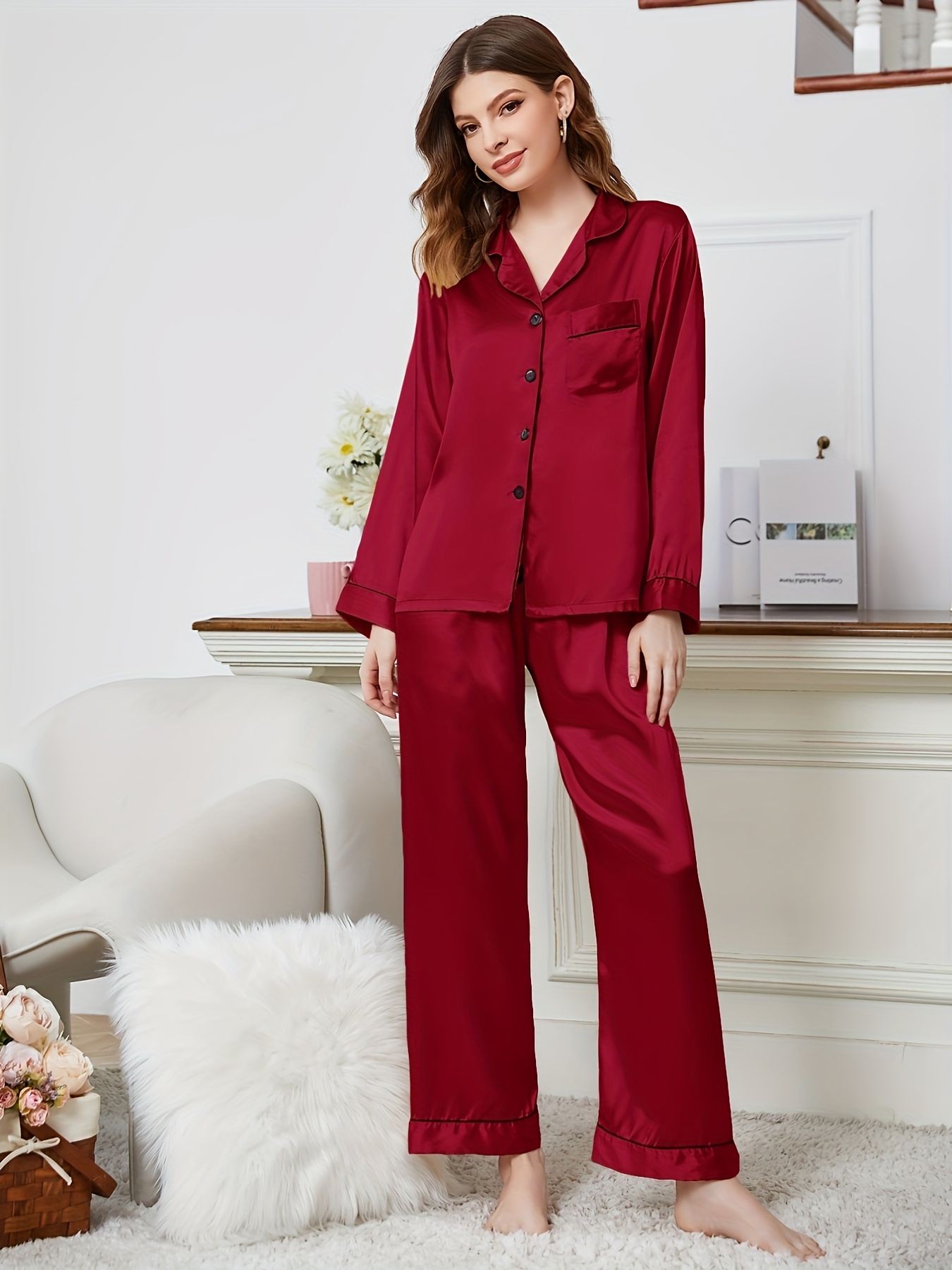 Ruffle Satin Pajama Set Long Sleeve Lapel Top Lounge Pants - Temu