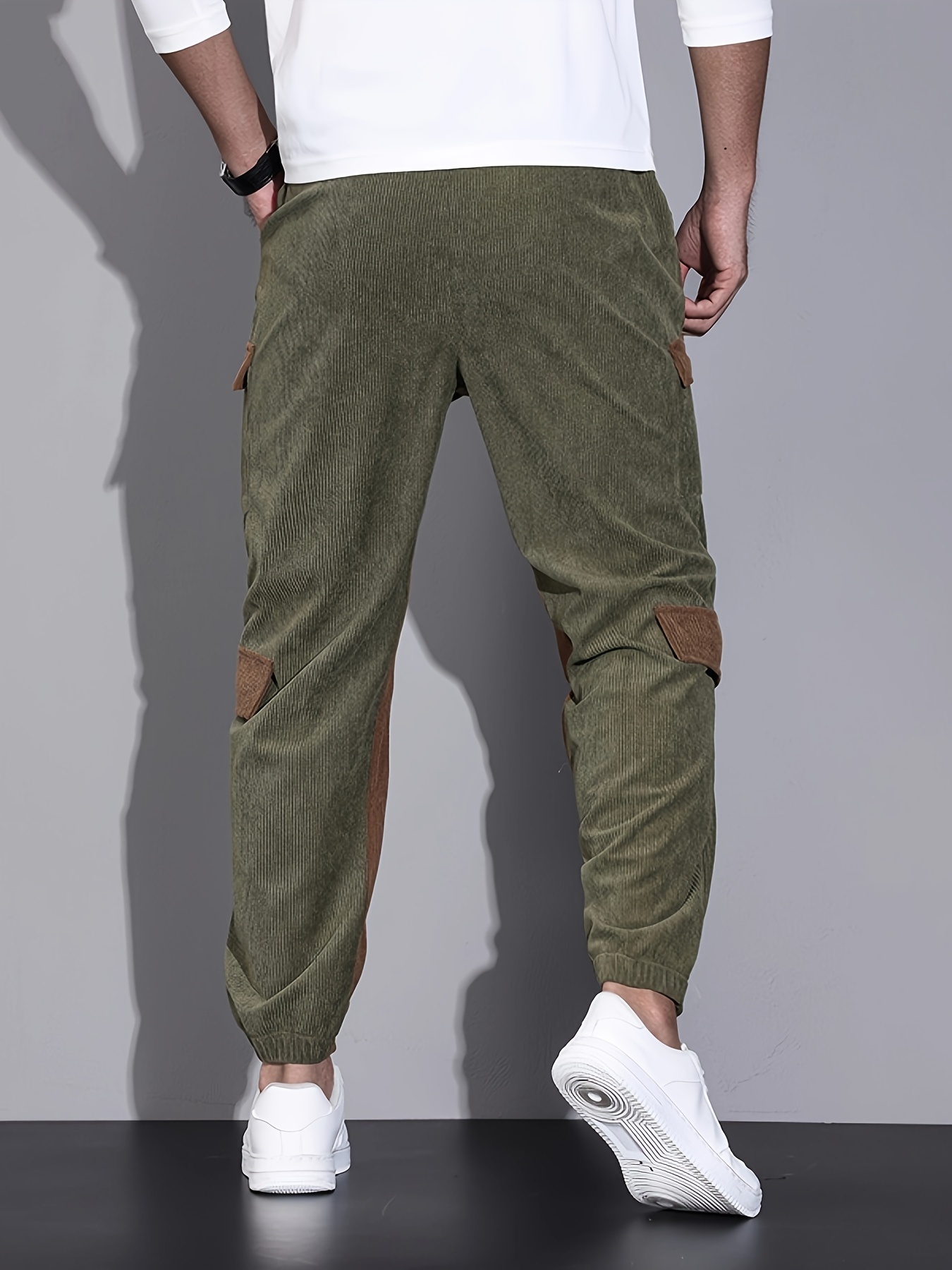 Trendy Corduroy Cargo Pants Men's Color Block Multi Flap - Temu Canada